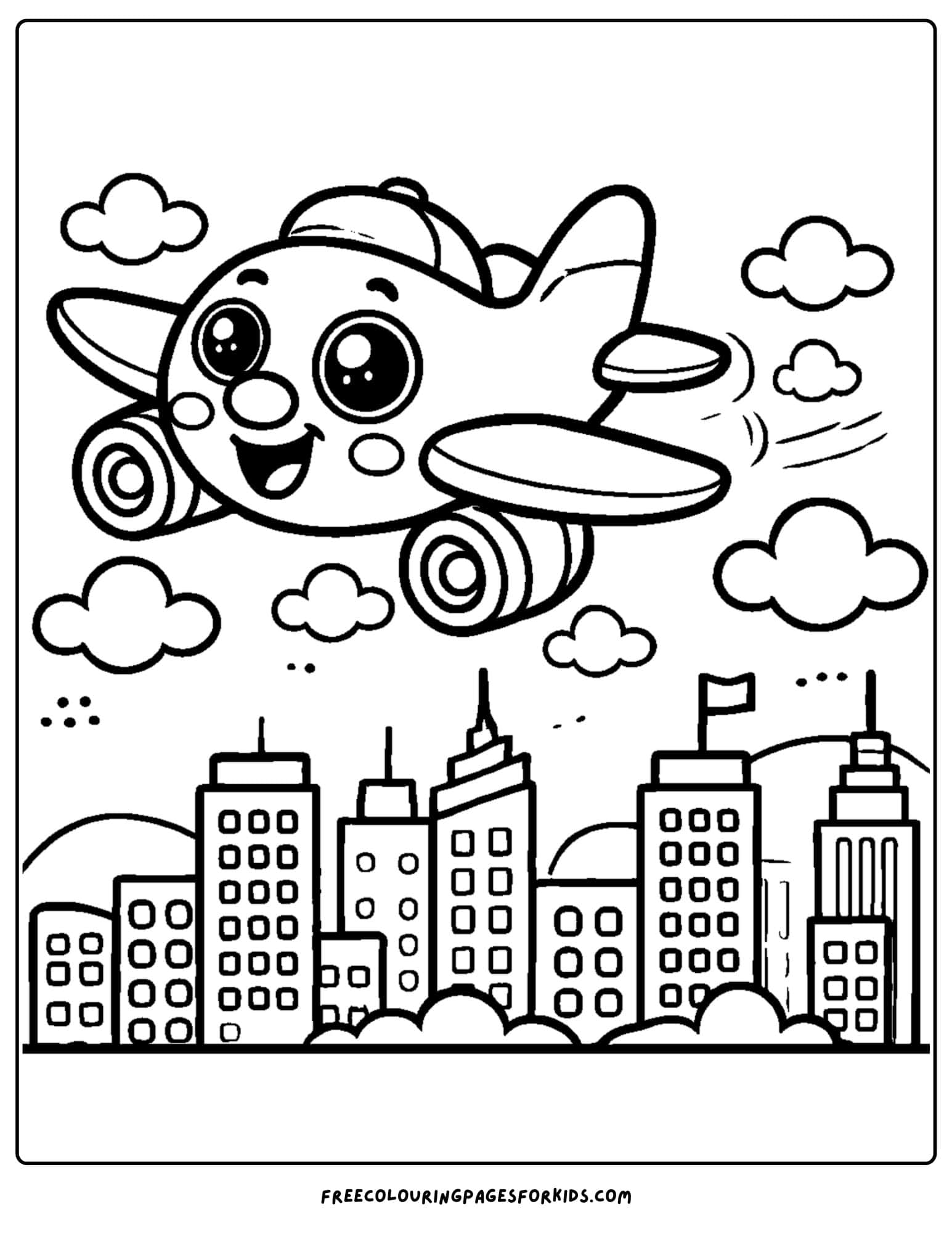 airplane flying over a city coloring page