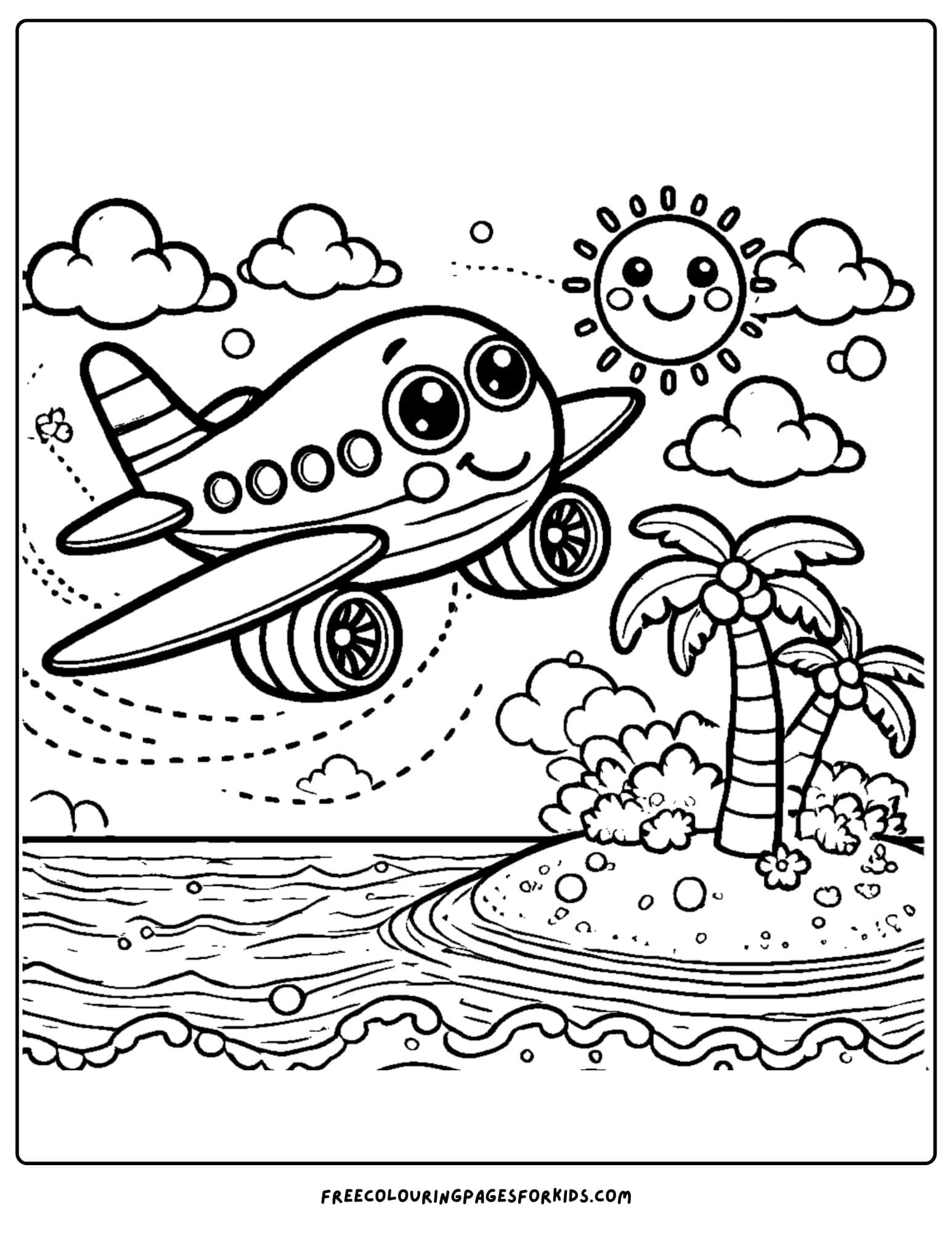 airplane flying over tropical island coloring page