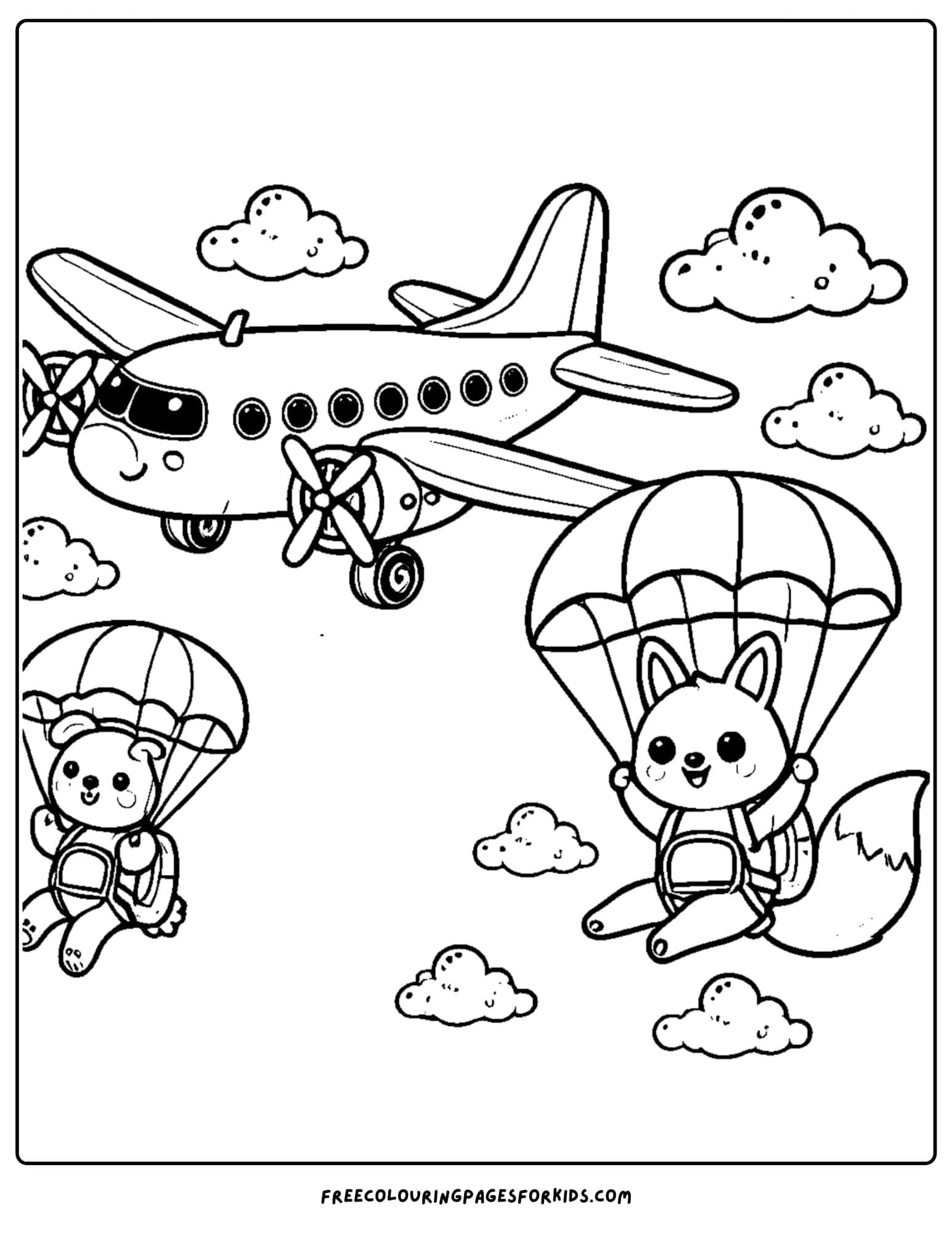 airplane with parachuting animals coloring page