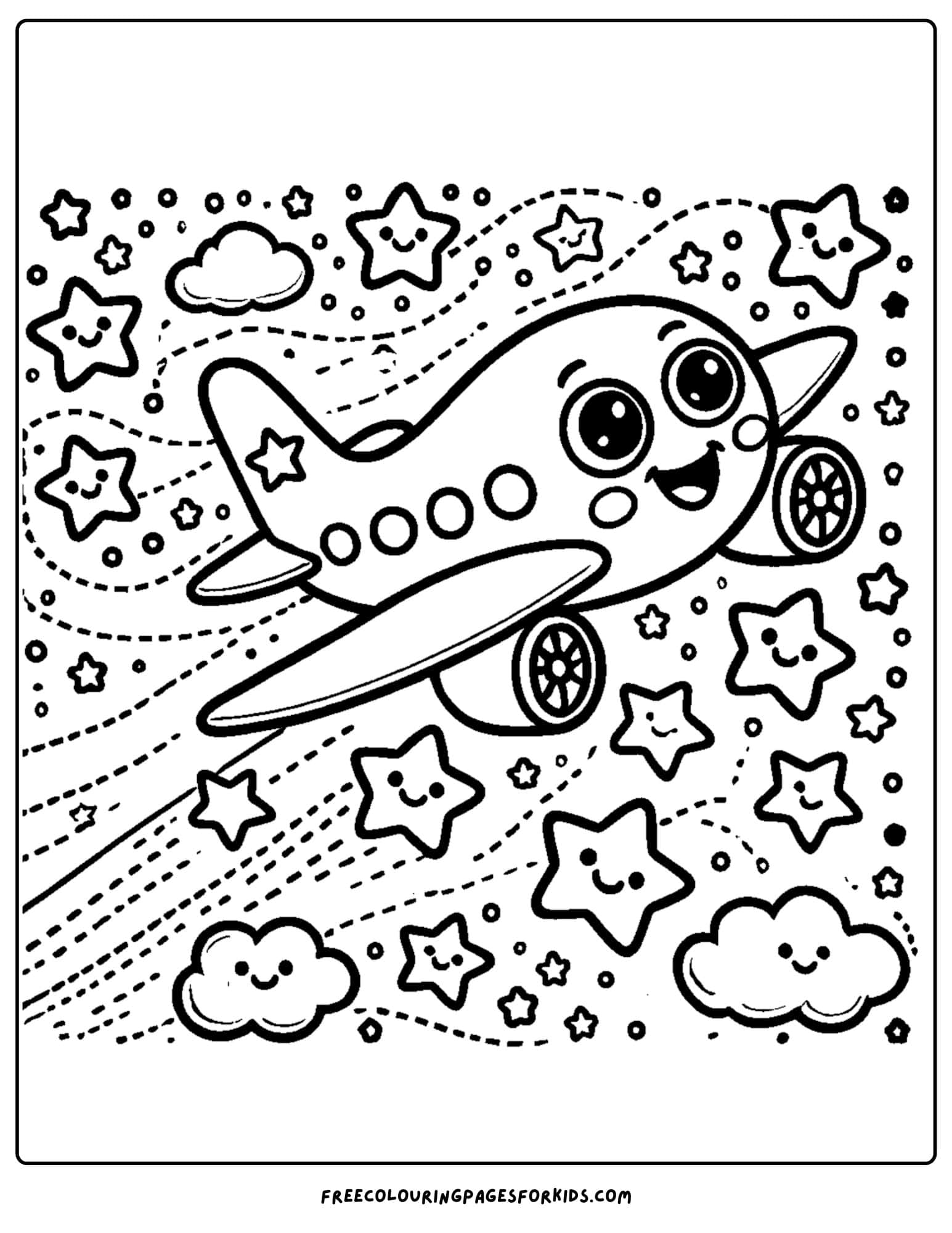 airplane flying with star shaped contrails coloring page