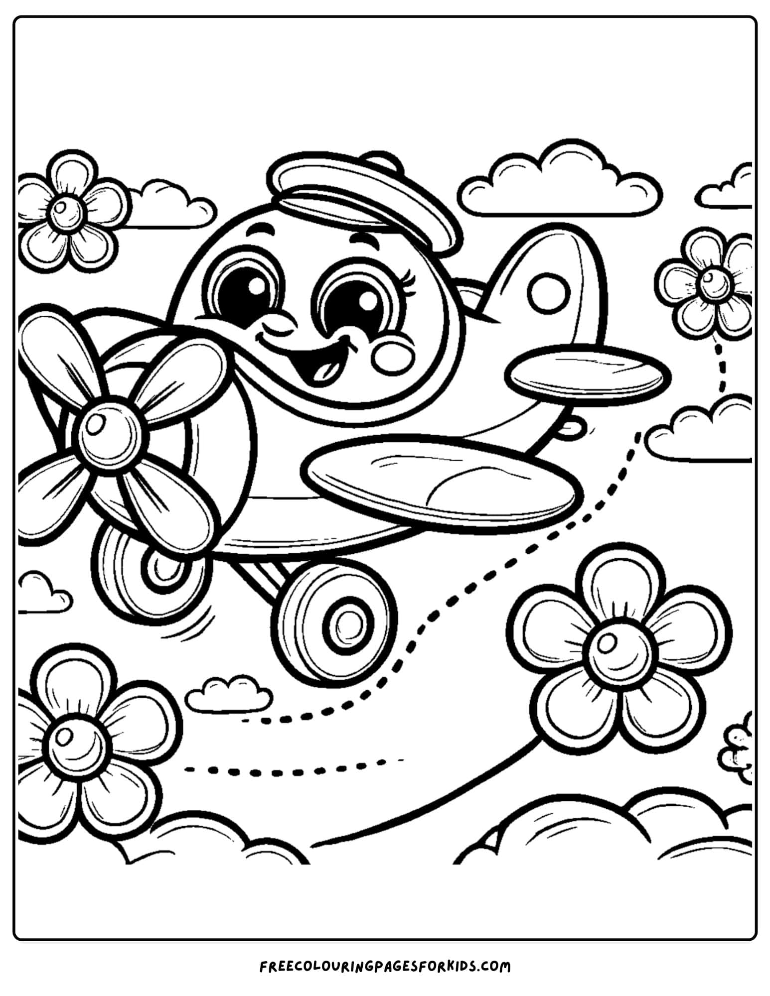 airplane with flowers in the sky coloring page