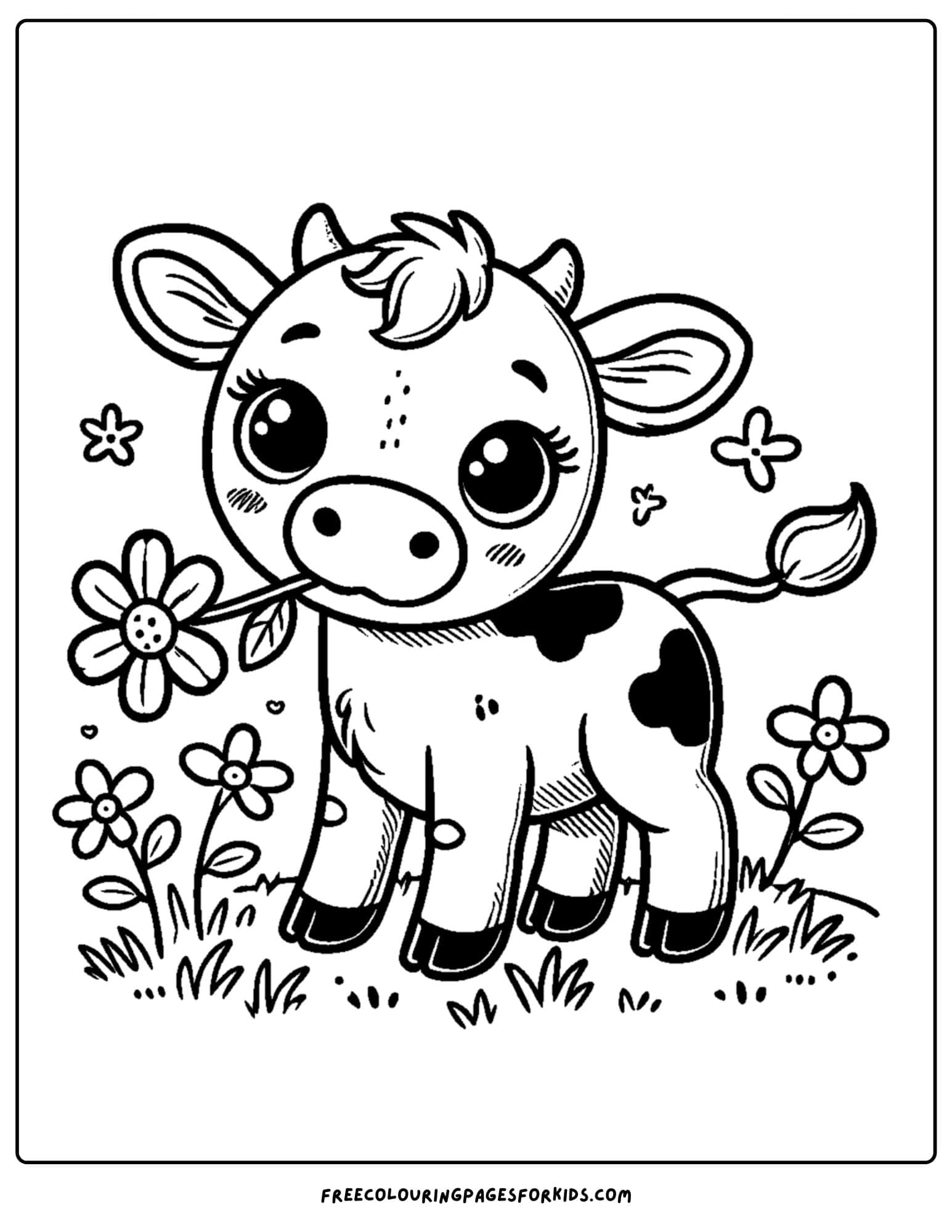 baby cow eating flowers in a meadow coloring page