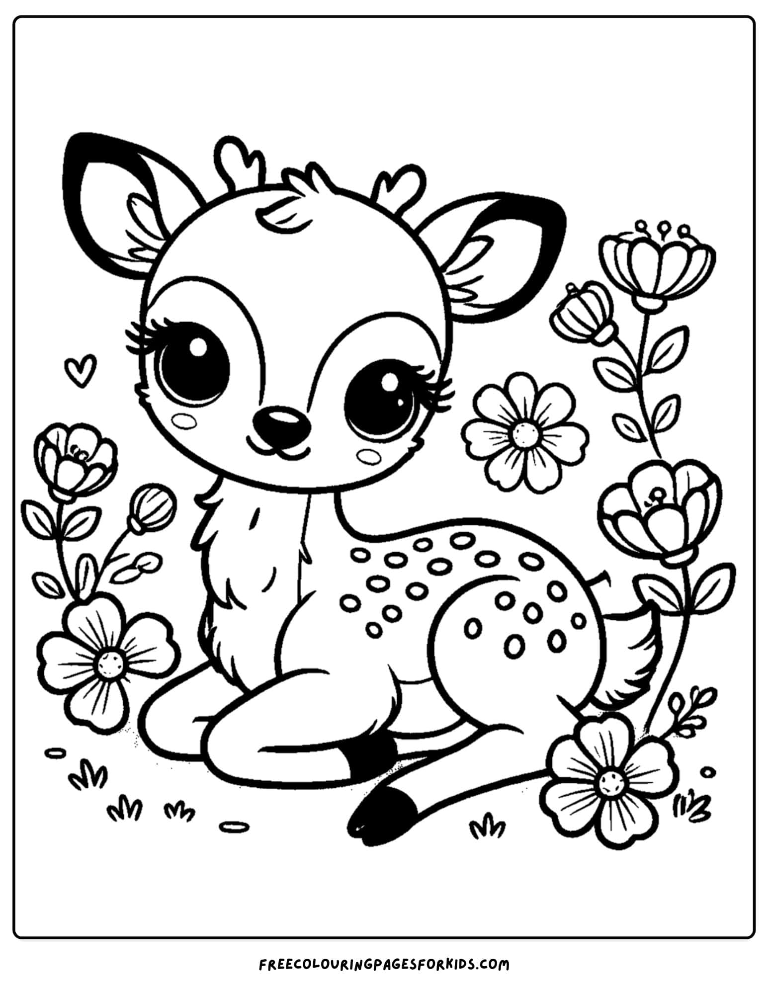 baby deer sourrounded by flowers coloring page