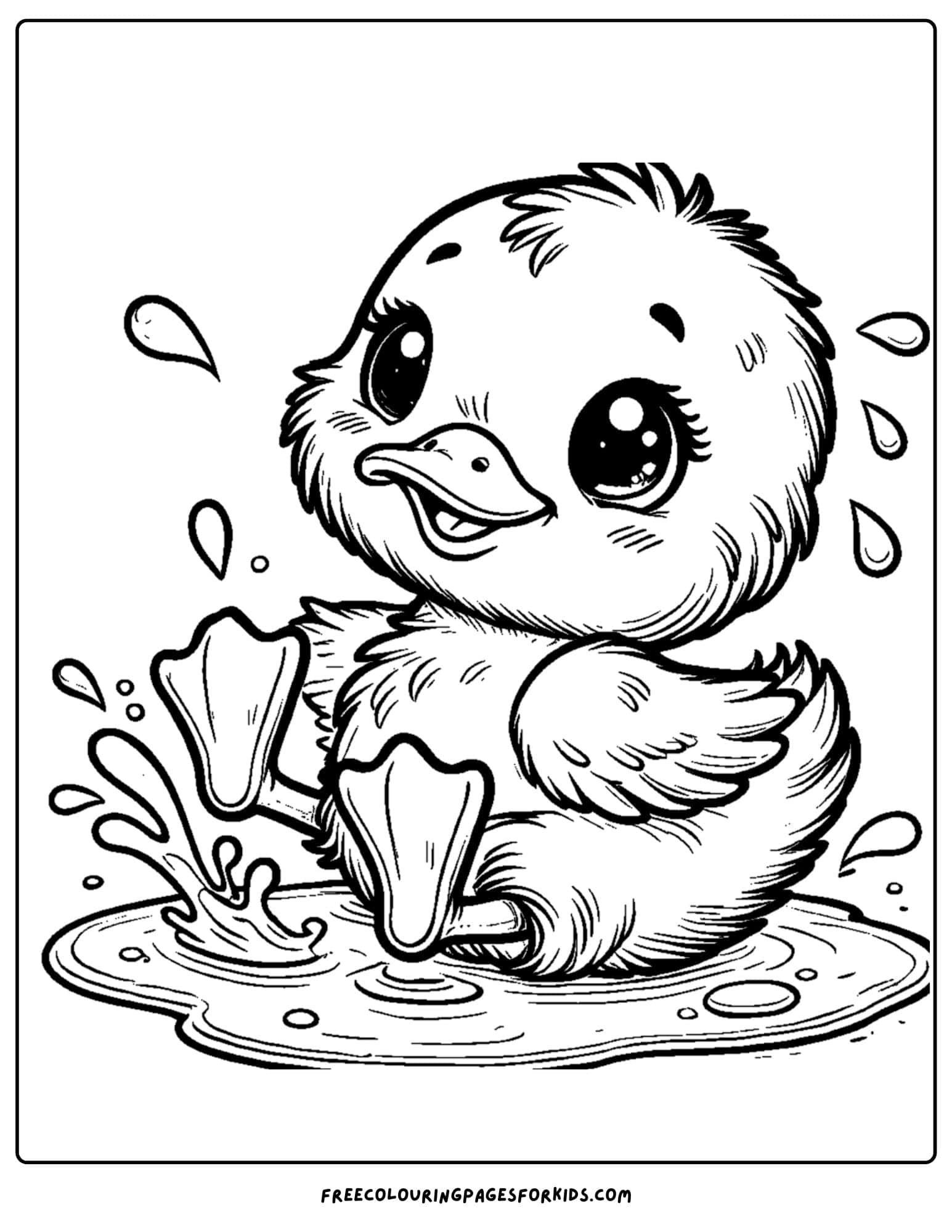 baby duck splashing in a puddle coloring page