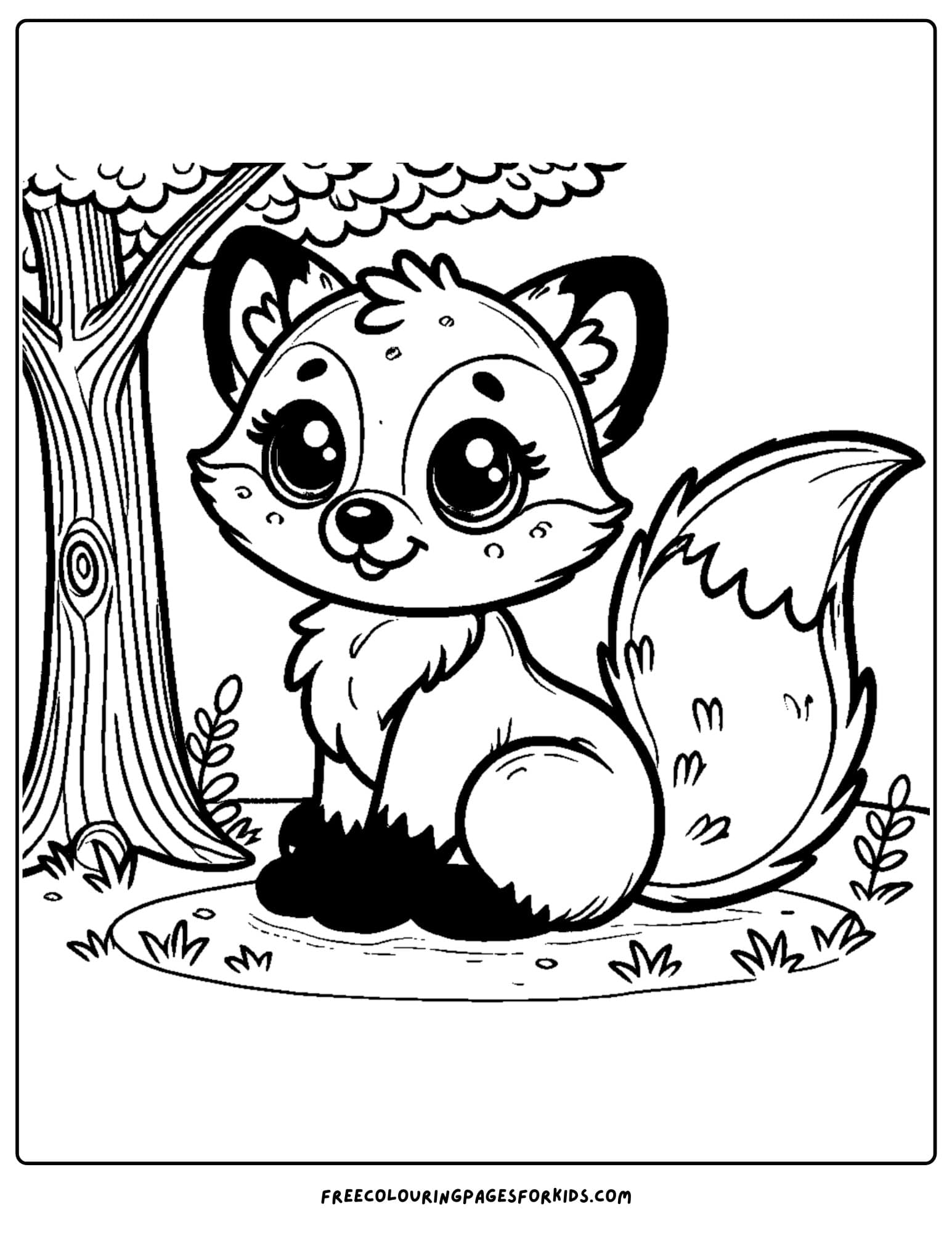 baby fox sitting under a tree coloring page