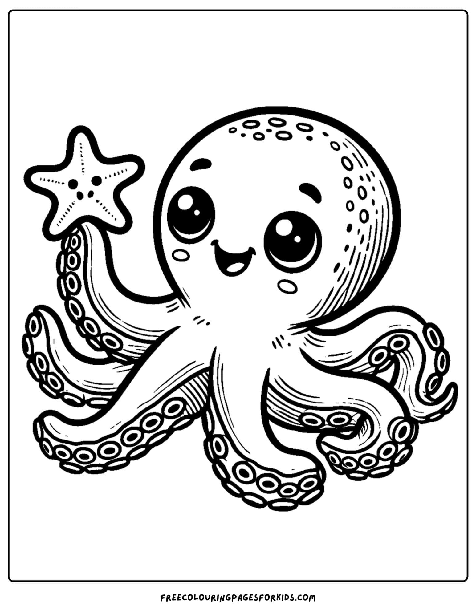 baby octopus holding a star fish coloring page