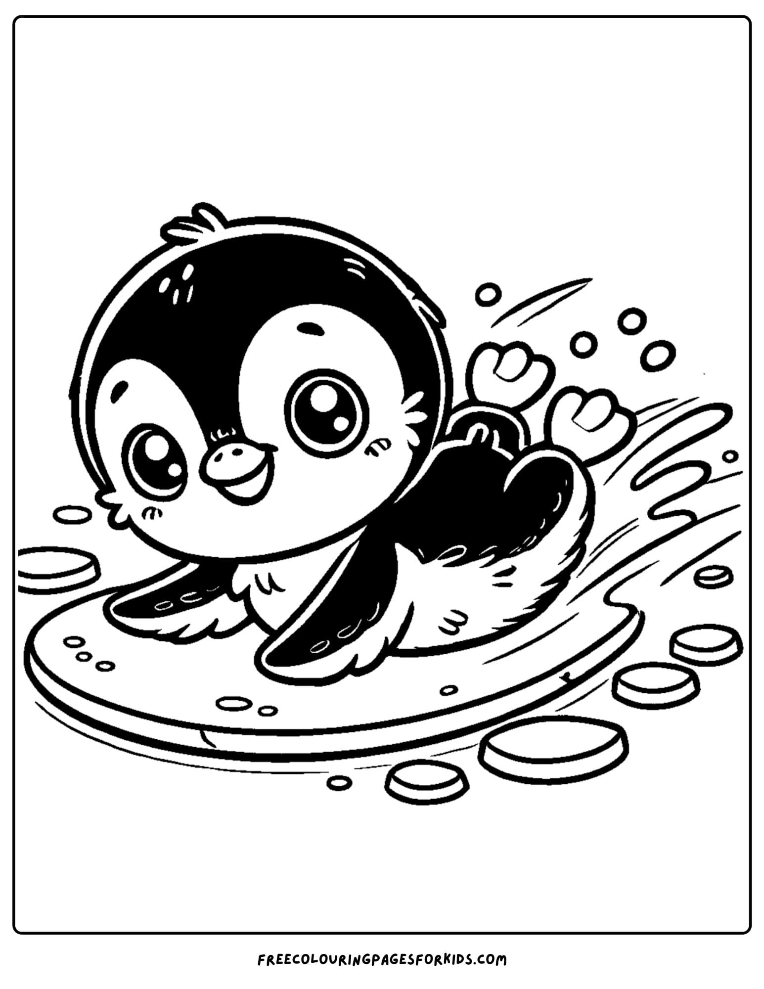 baby penguin sloding on ice coloring page