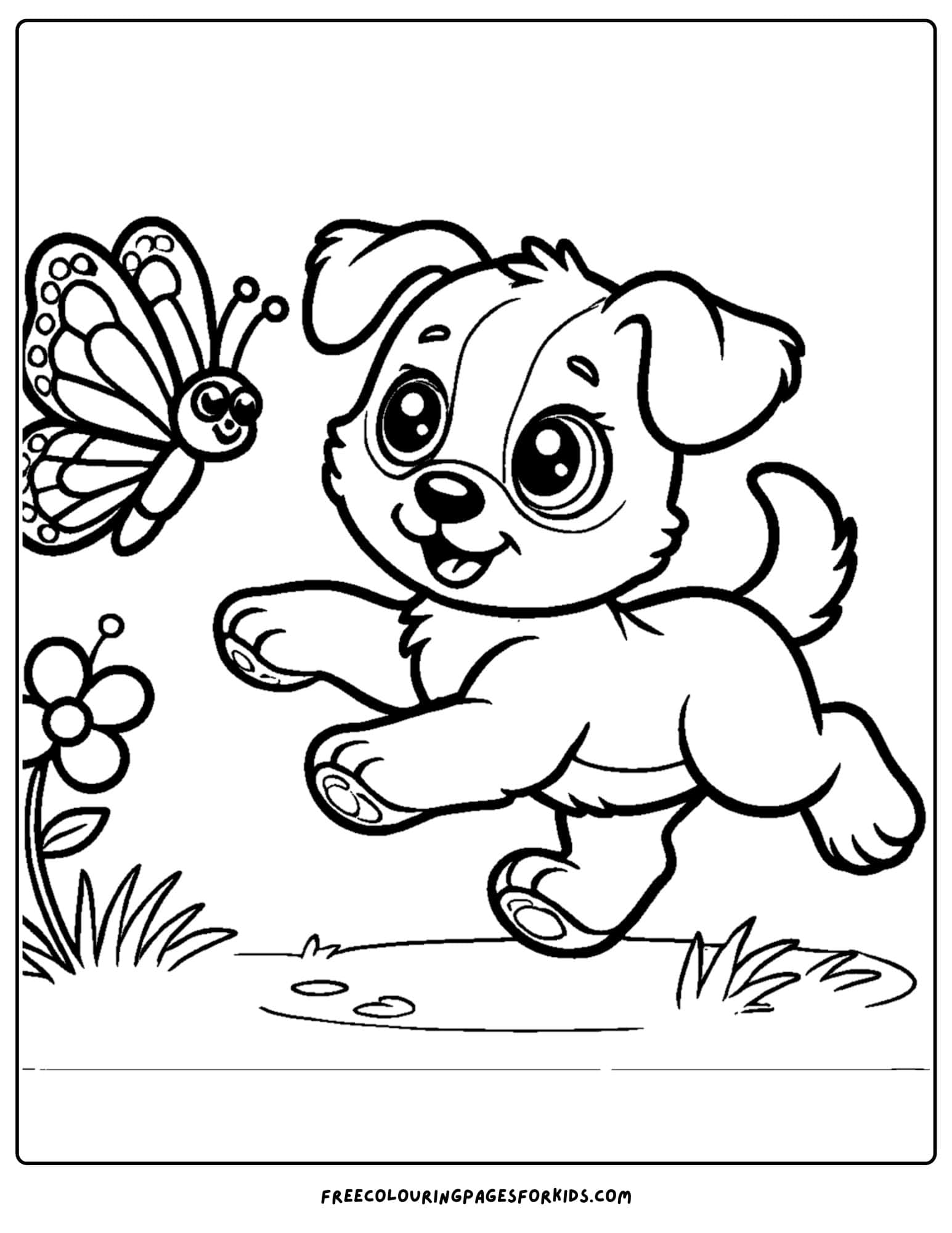 baby dog chasing a butterfly coloring page