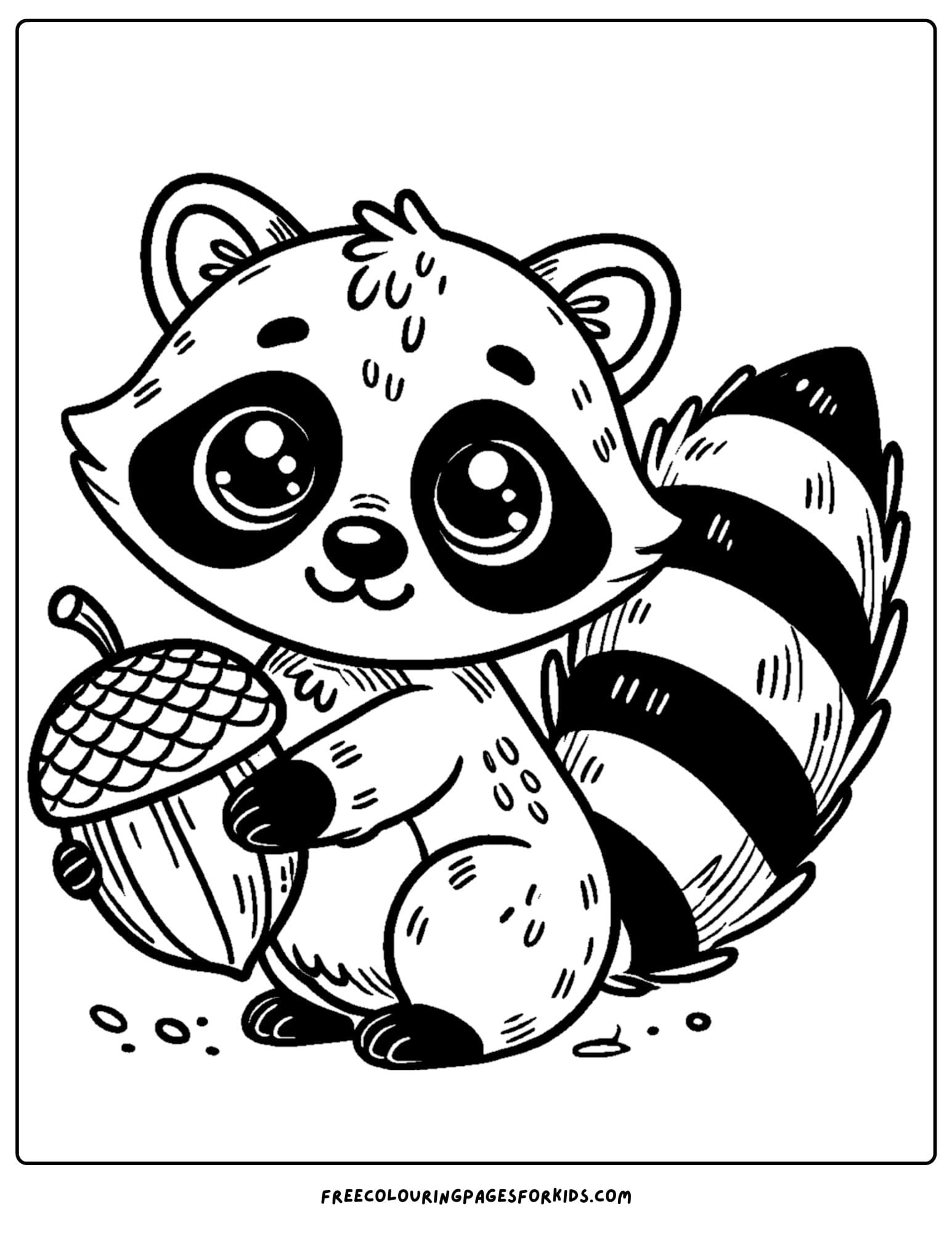 baby raccoon holding an acorn coloring page