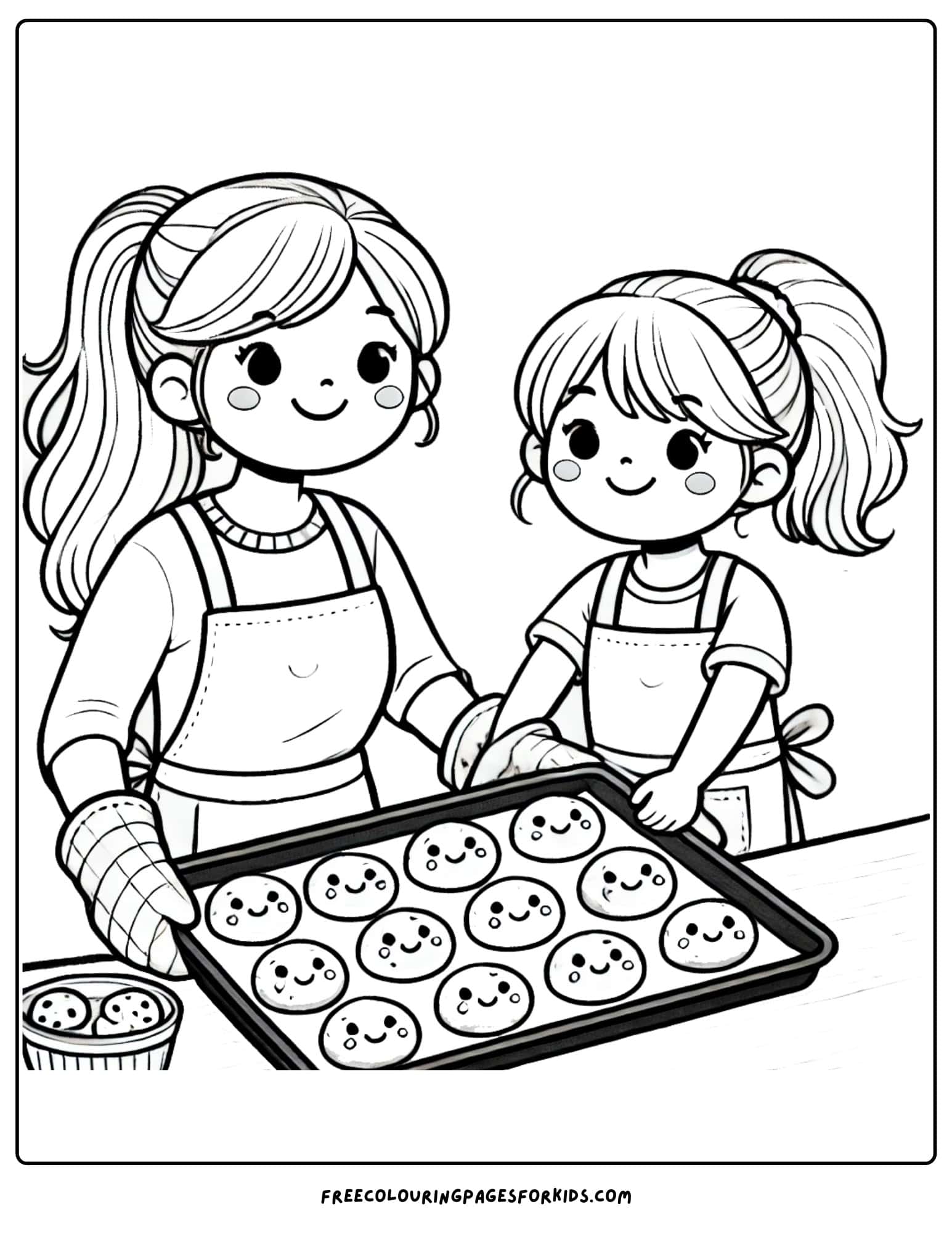 baking with mum getting hot cookies from the oven coloring page