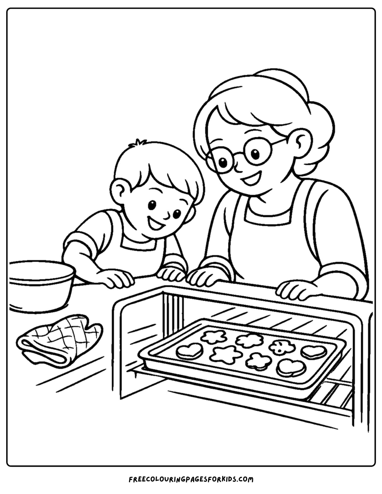 a baking coloring page showing a child and grandmother looking into the oven