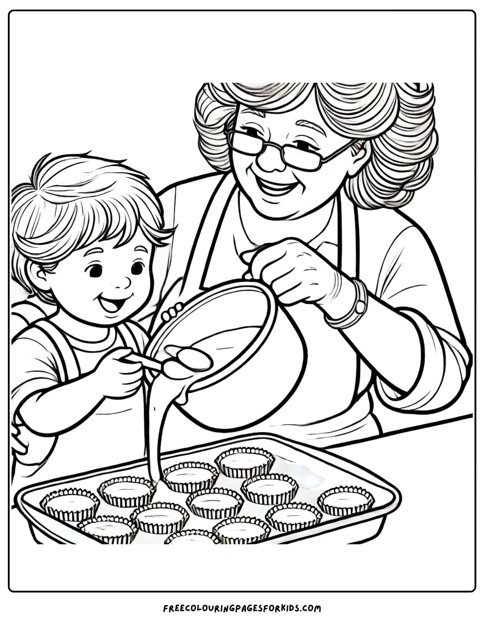 baking with grandma pouring batter coloring page