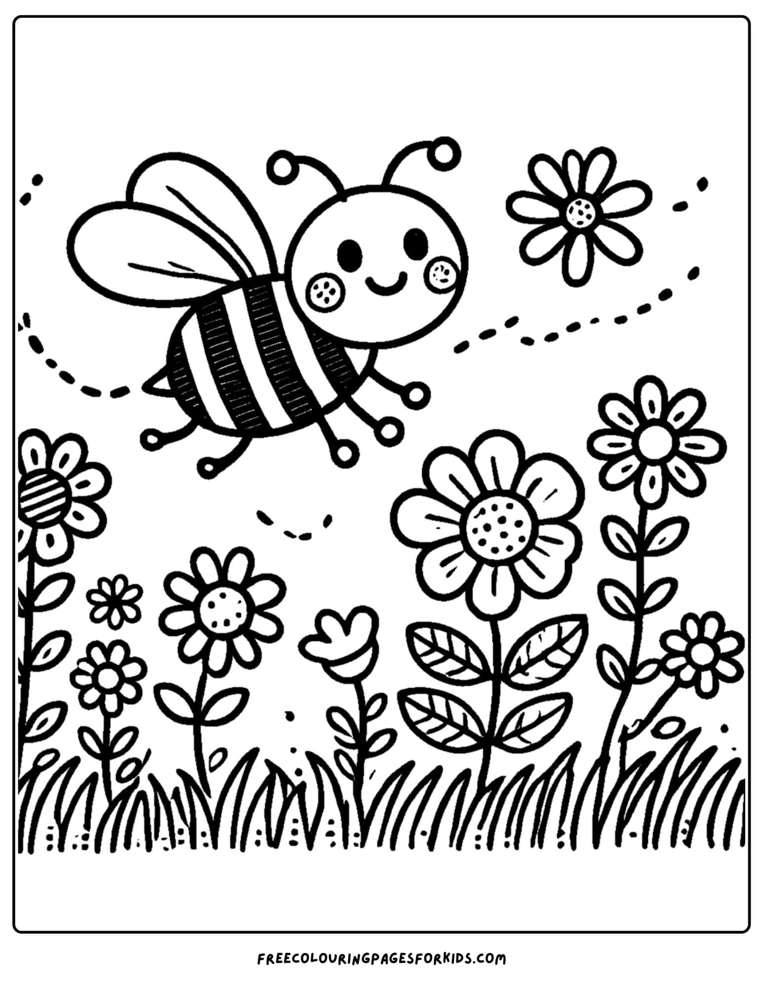 bee buzzing over a garden coloring page