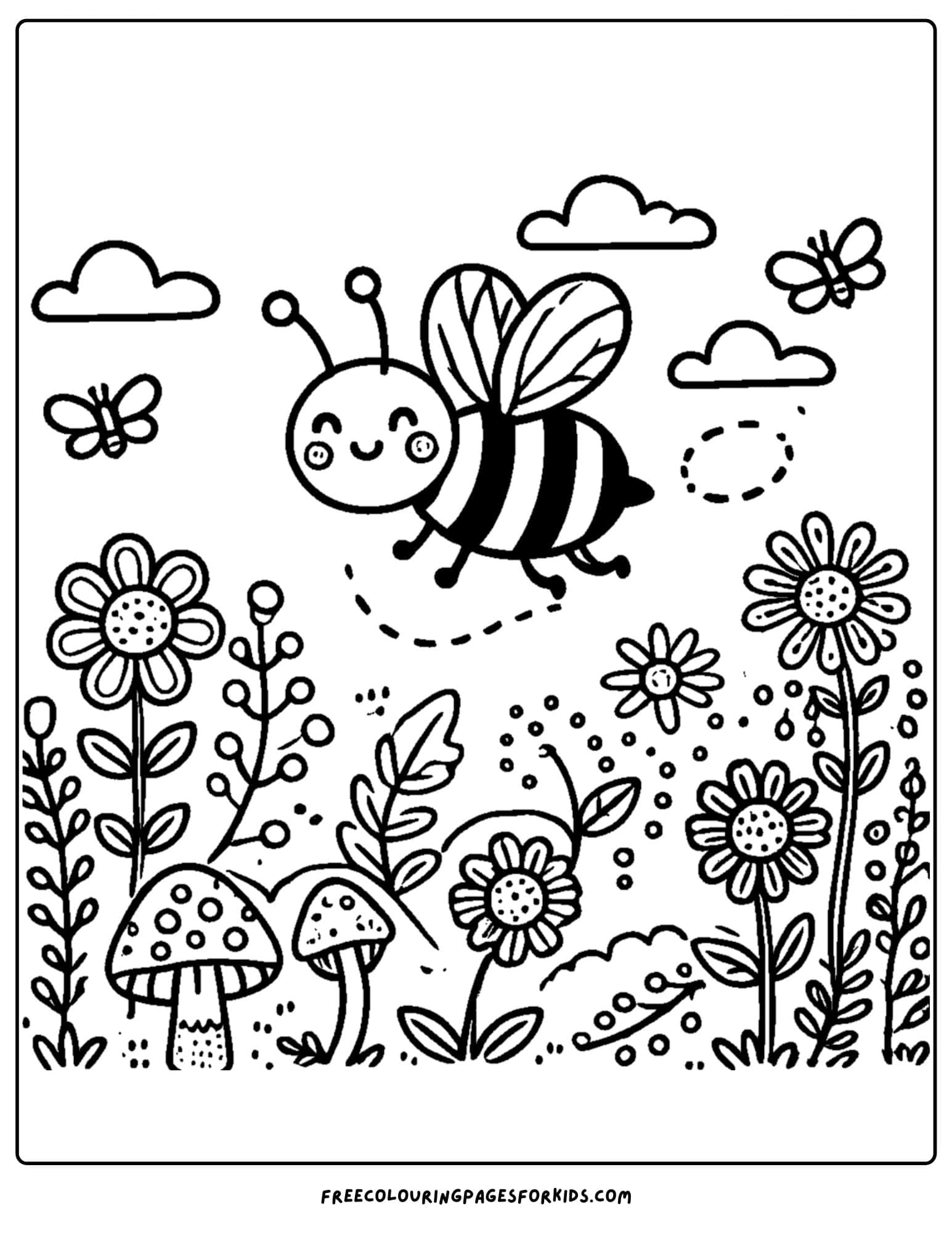 bee flying over a field of floers coloring page