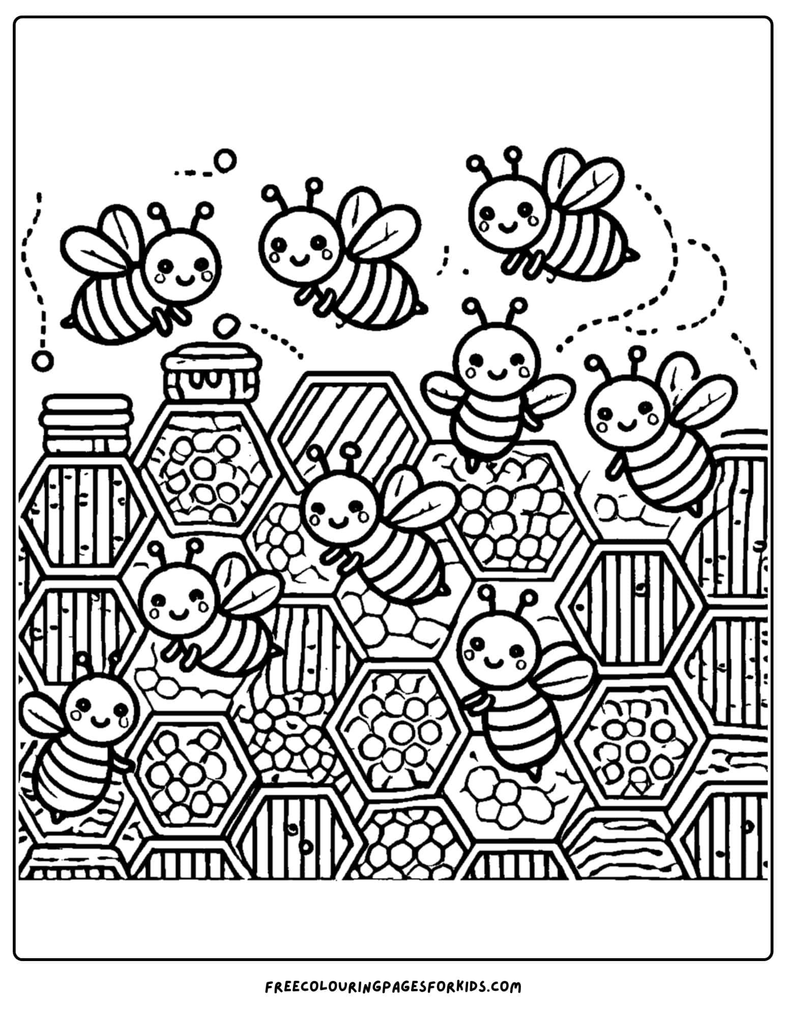 bees inside a hive with honeycomb coloring page