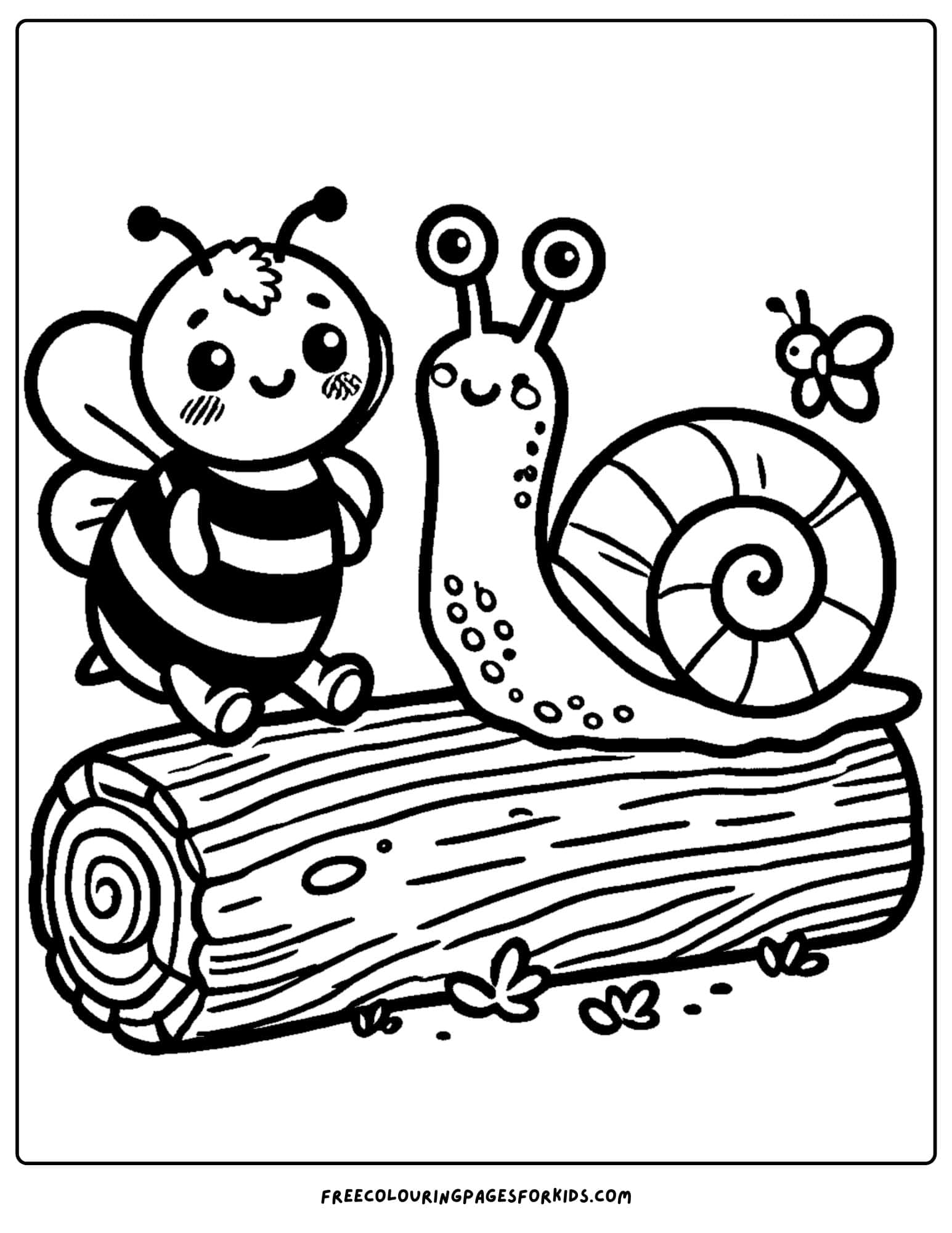 bee and a snail on a log coloring page