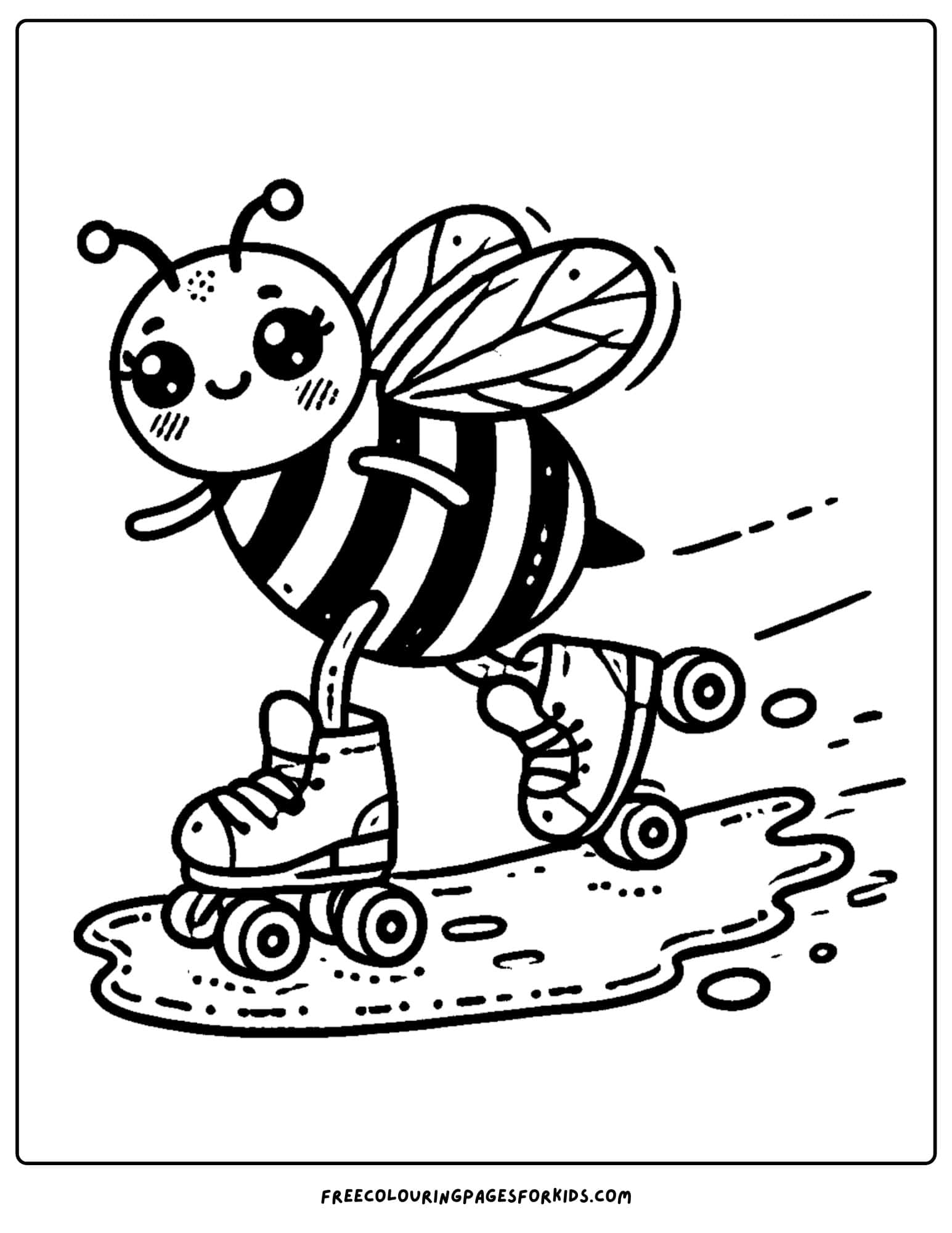 bee roller skating over honey coloring page