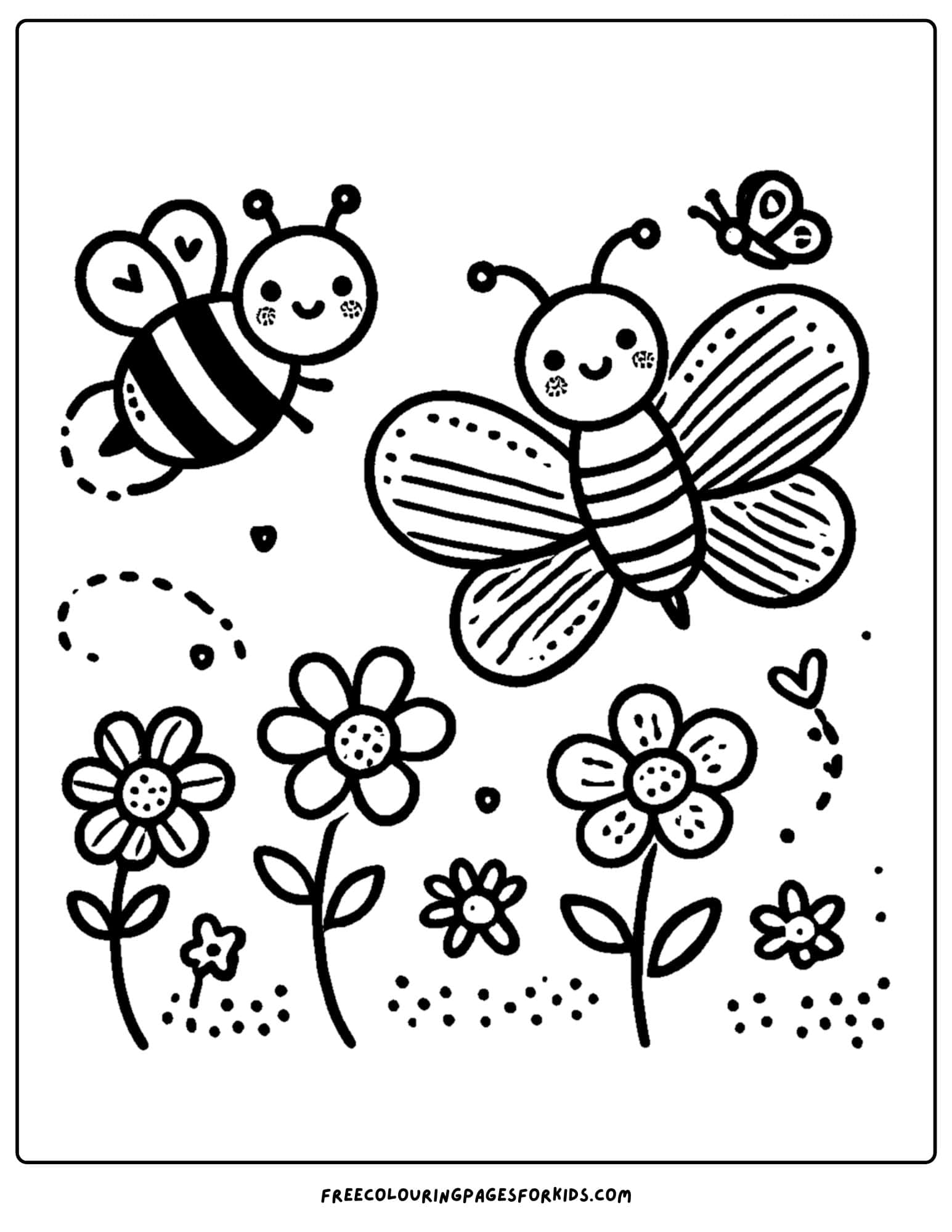 bee flying with a butterfly over flowers coloring page