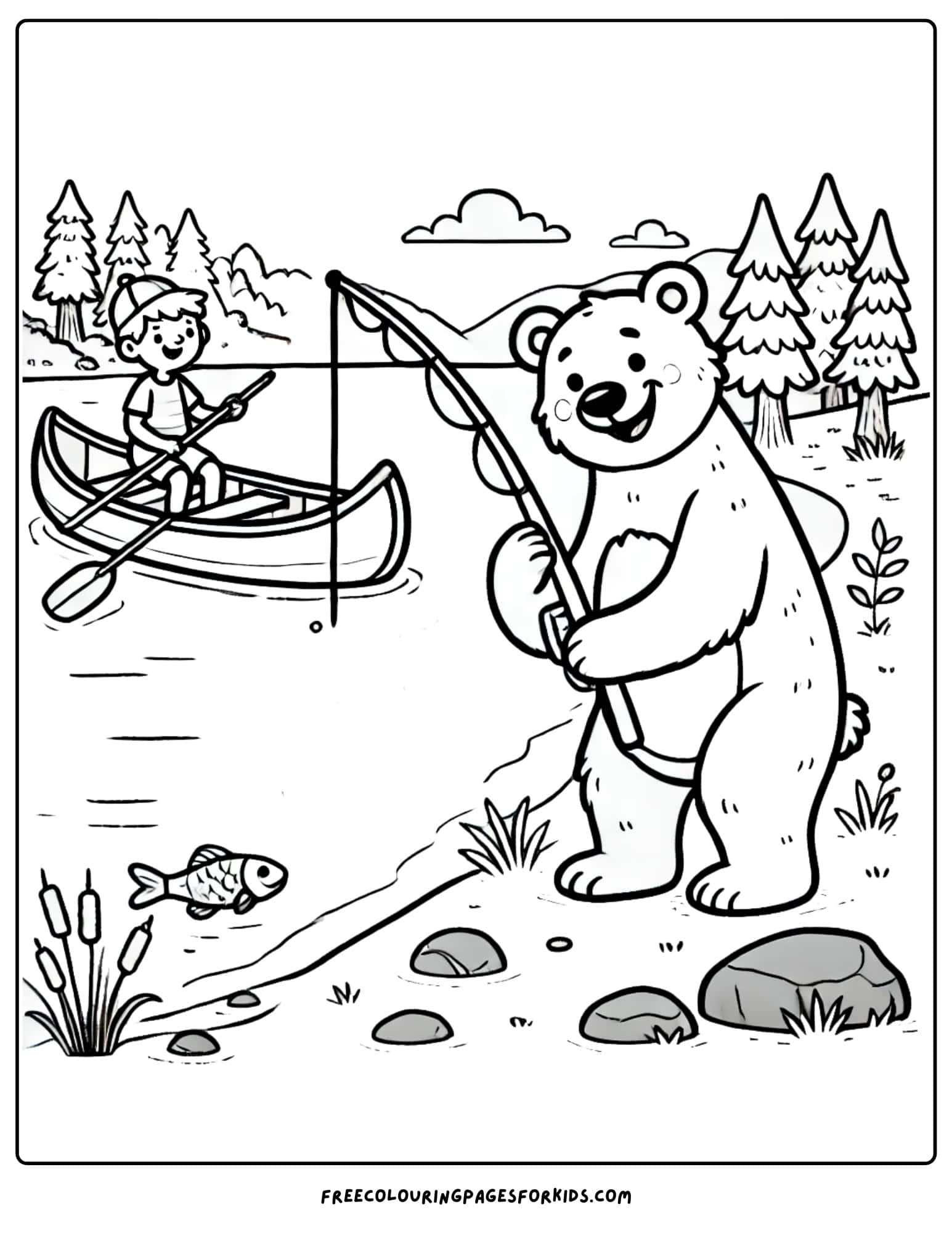 canoe on the water with a bear fishing on shore coloring page