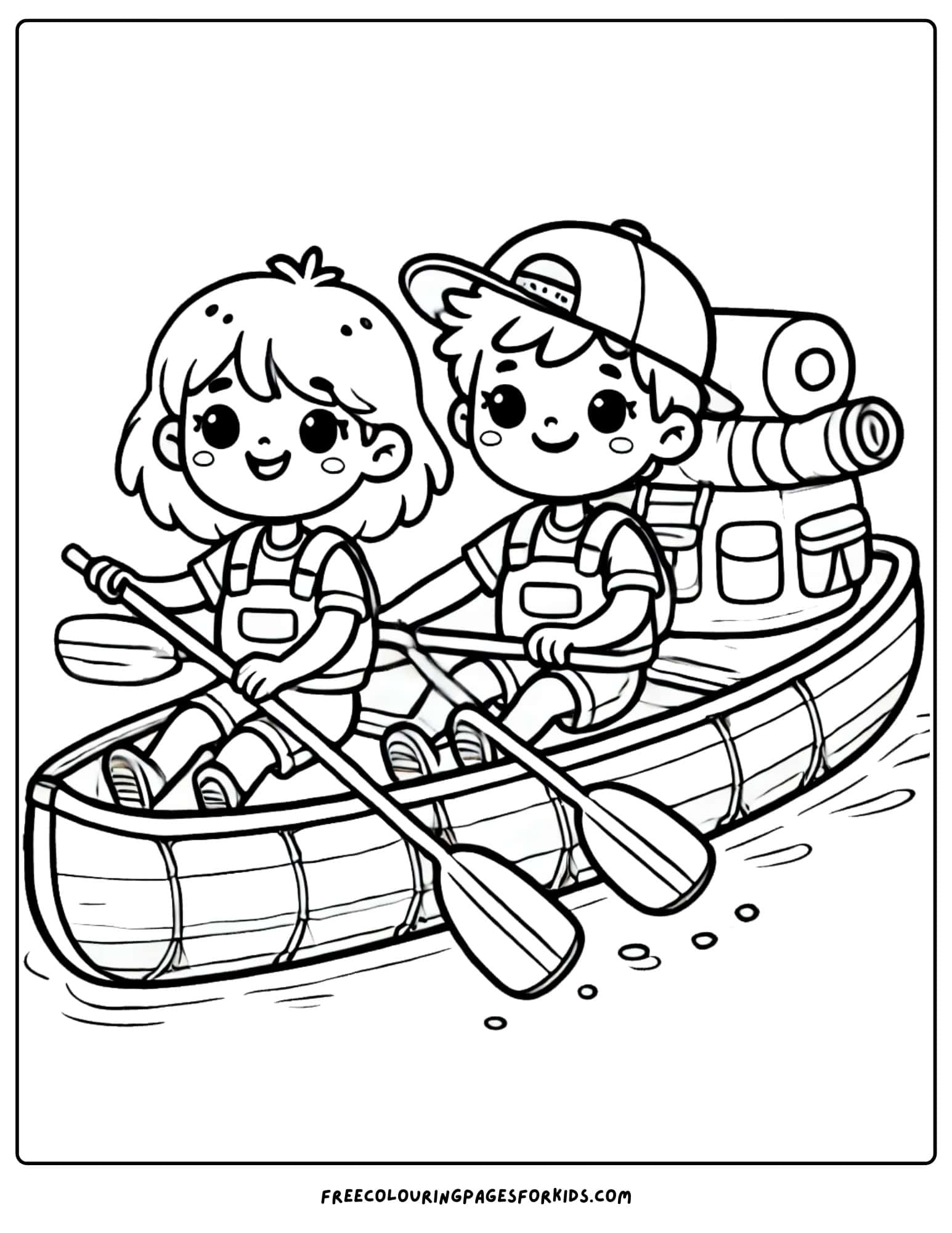 canoe being paddled by kids with their backpack in the back coloring page