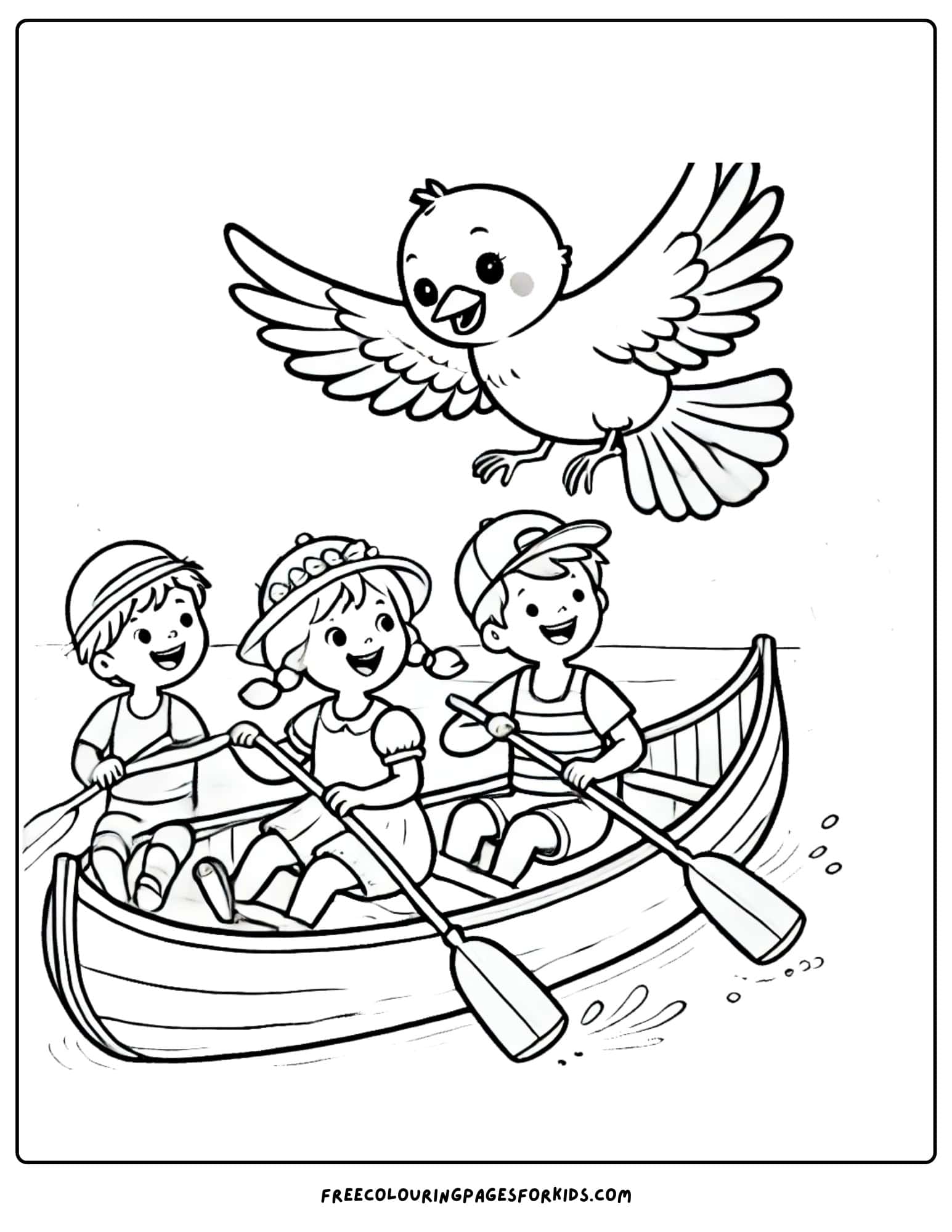 canoe being paddled by kids as a bird flies over head coloring page