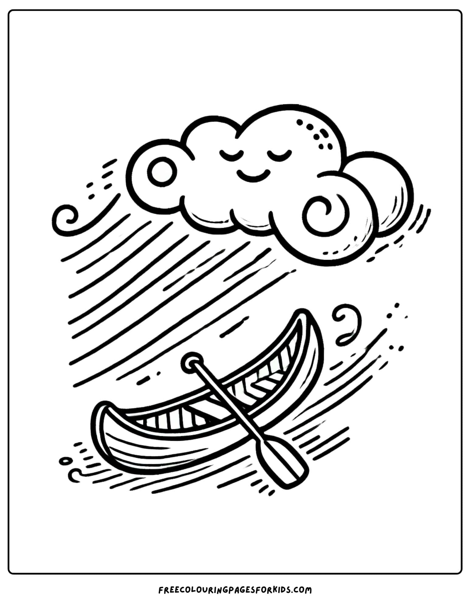 canoe being blown by a gust of wind from a cloud coloring page