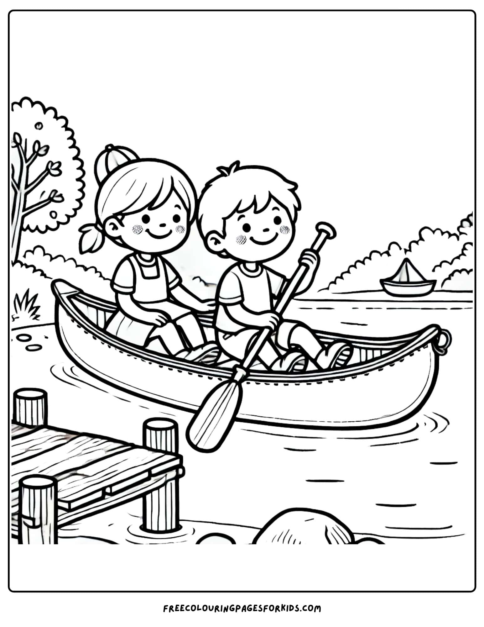 canoe being paddled by kids past a dock coloring page