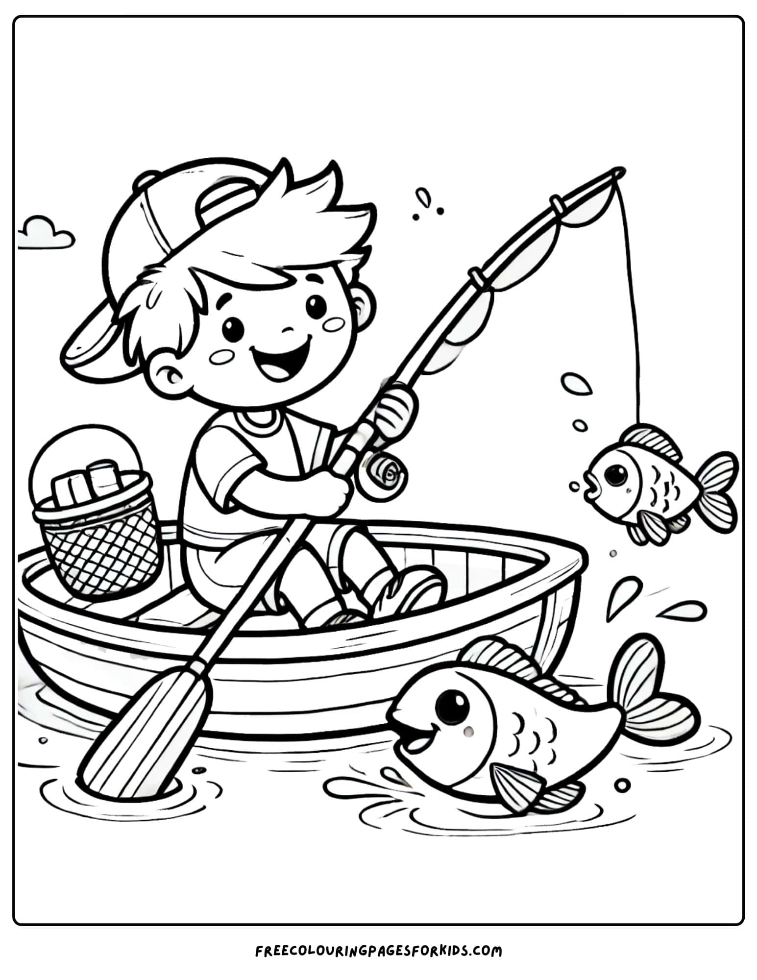 canoe with a child fishing and catching fish from it coloring page