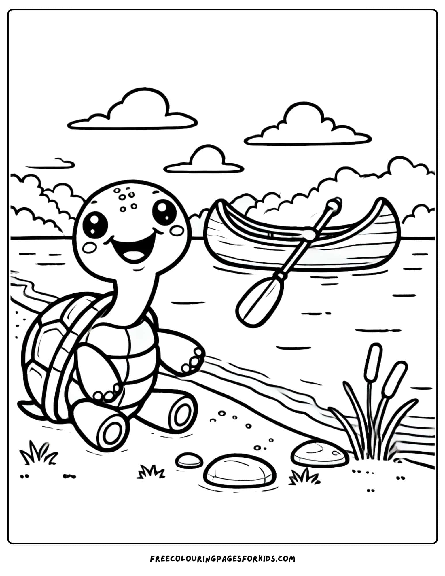 canoe on the water with a turtle on the shore coloring page