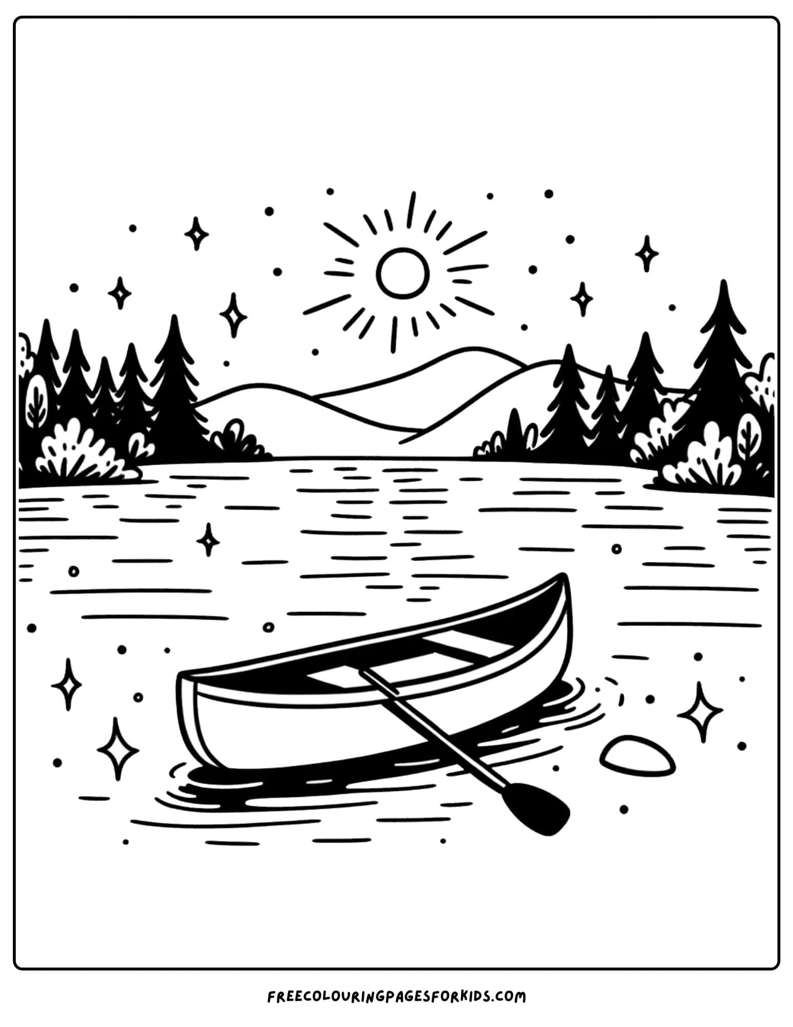 canoe on a sparkling lake coloring page