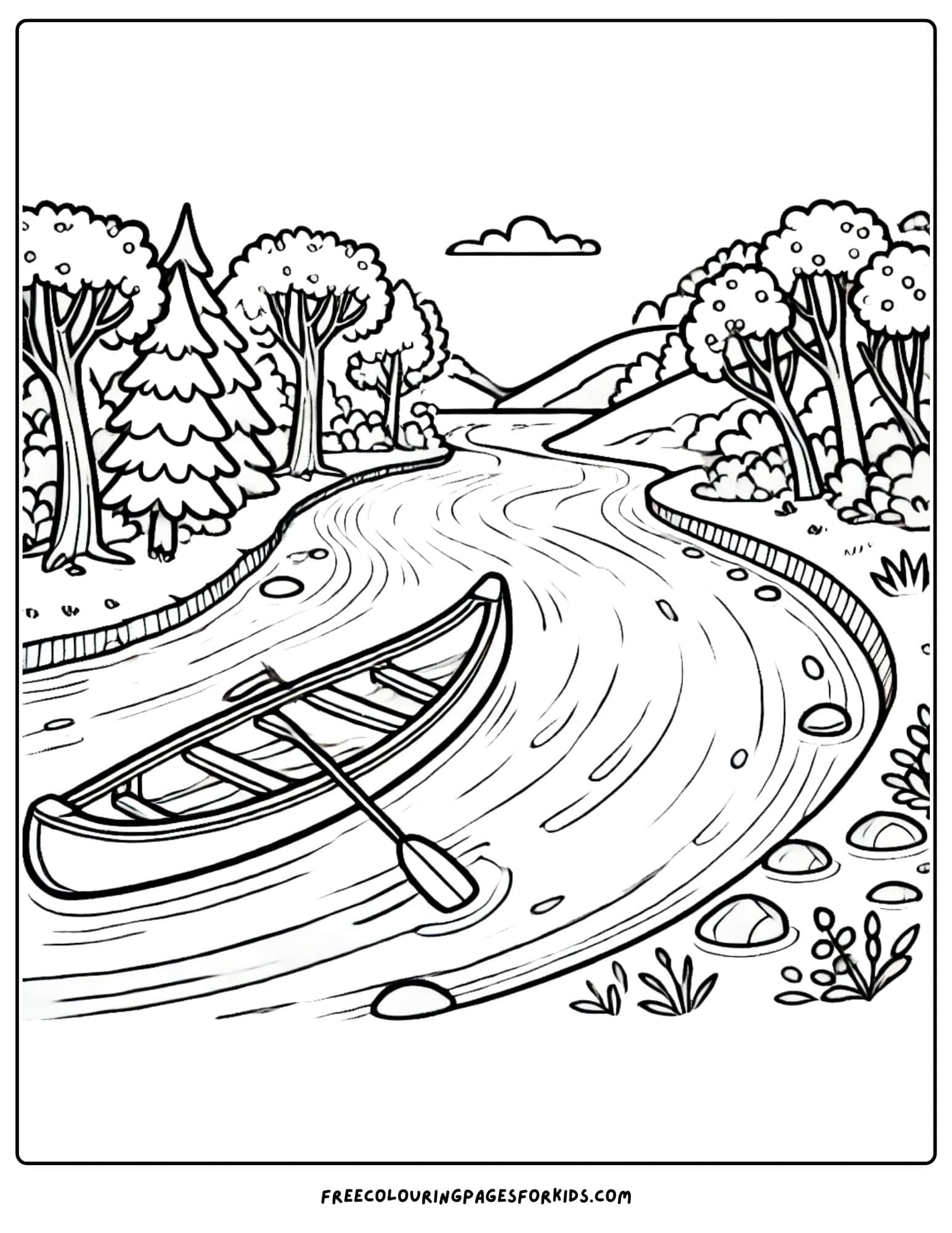 canoe floating down a river coloring page