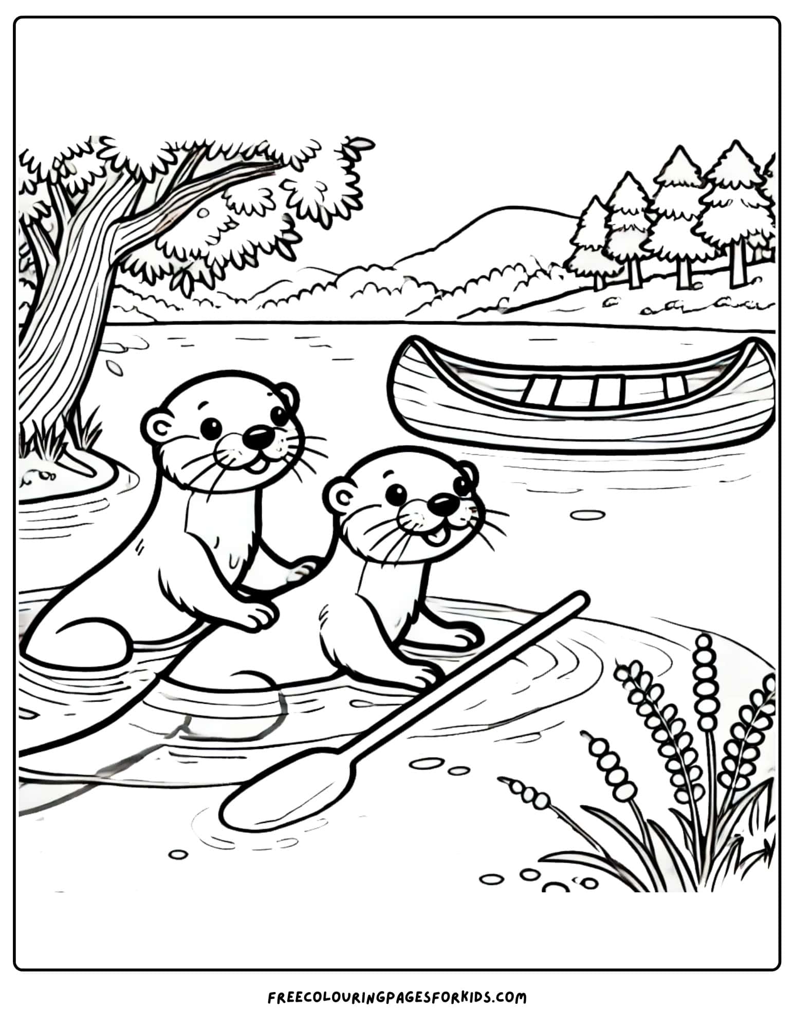 canoe with otters in the water next to it coloring page