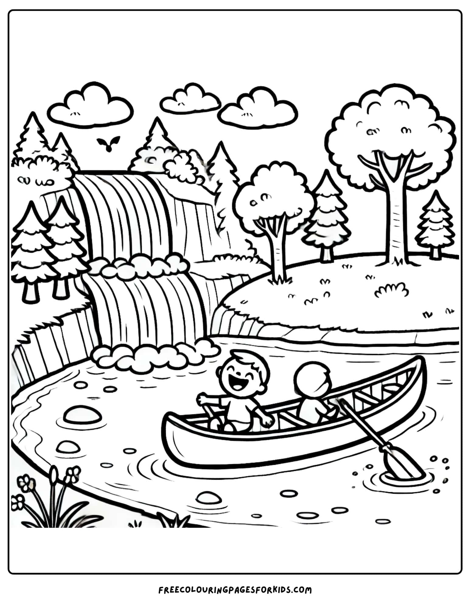 canoe being paddled past a waterfall coloring page