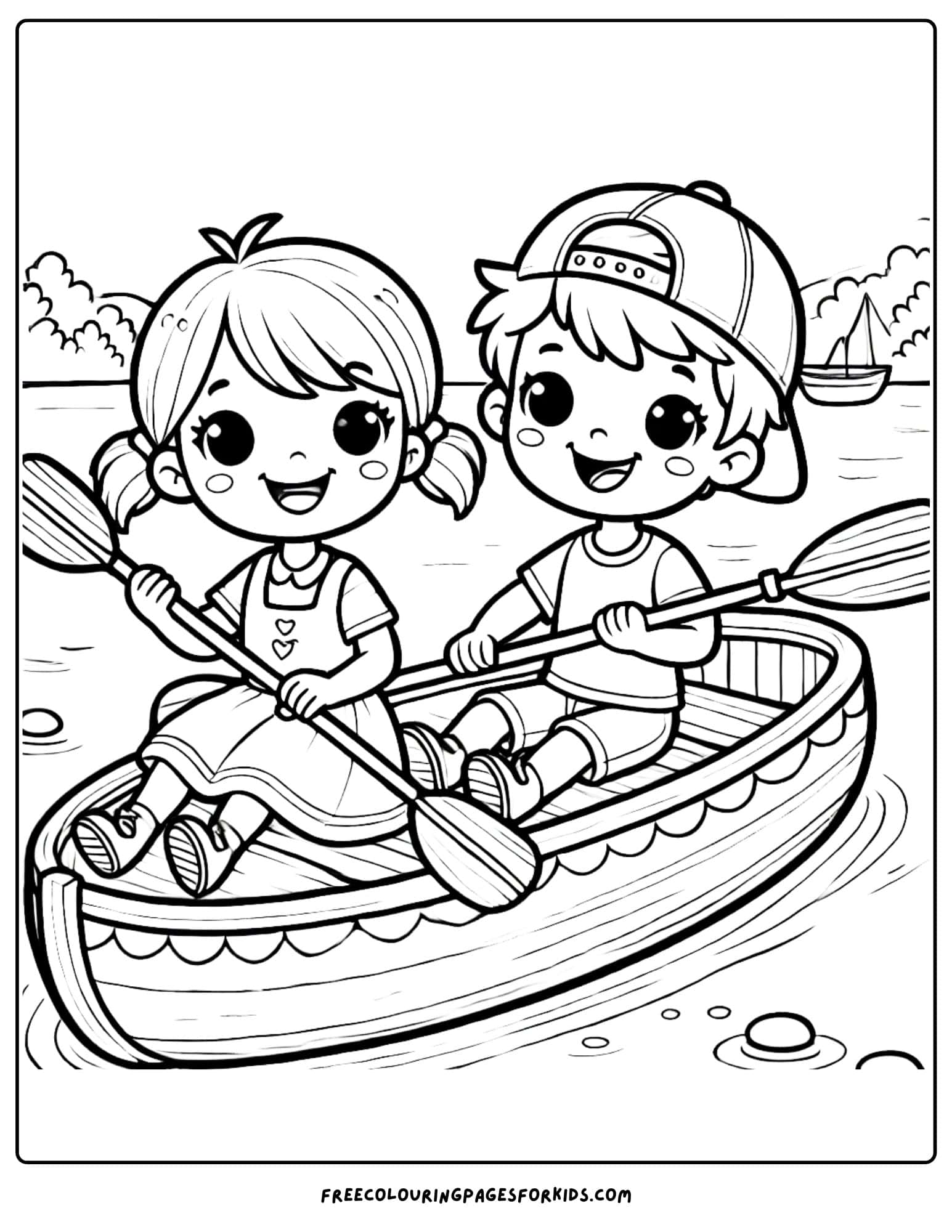 canoe paddled by two kids coloring page