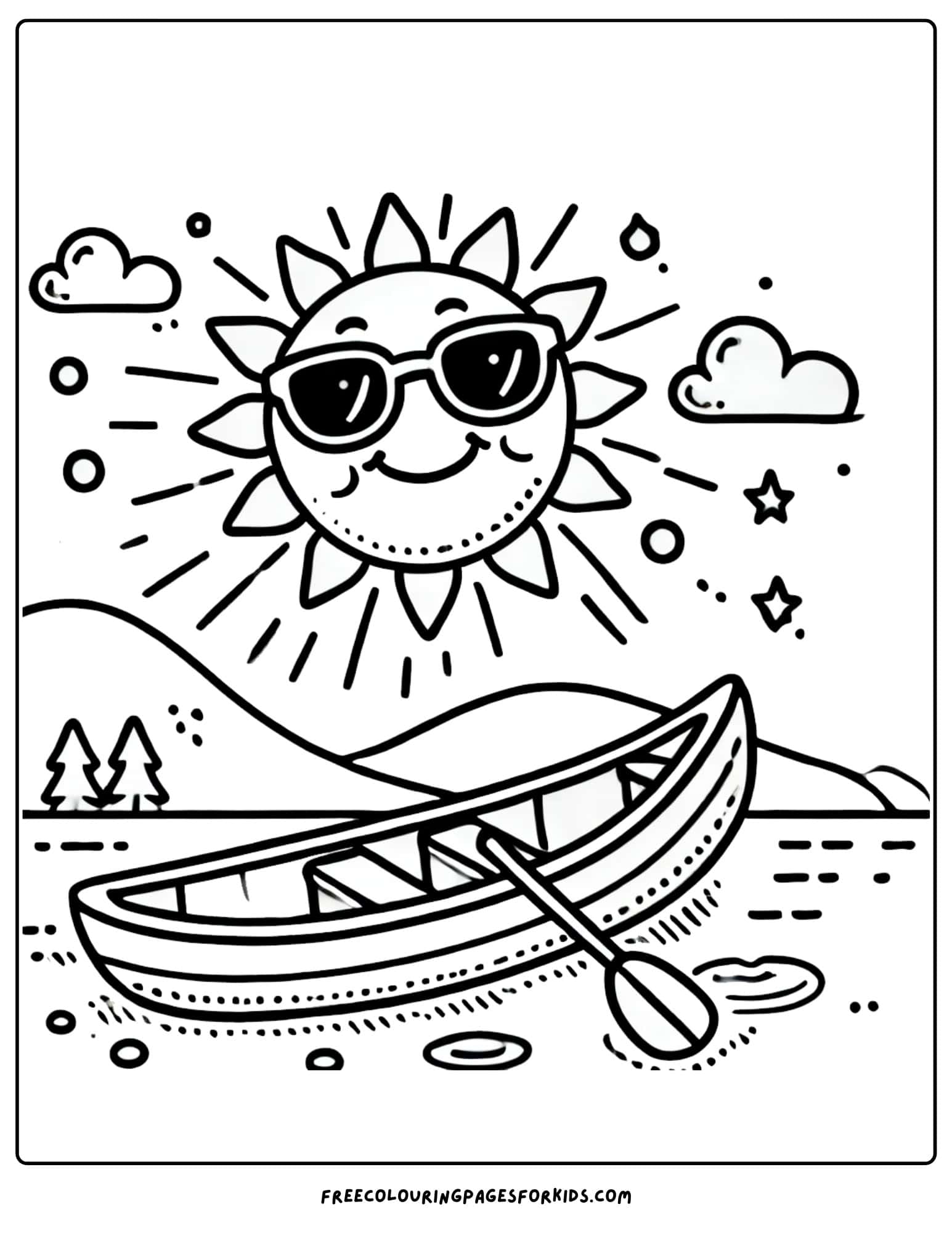 canoe on the water under a sun coloring page