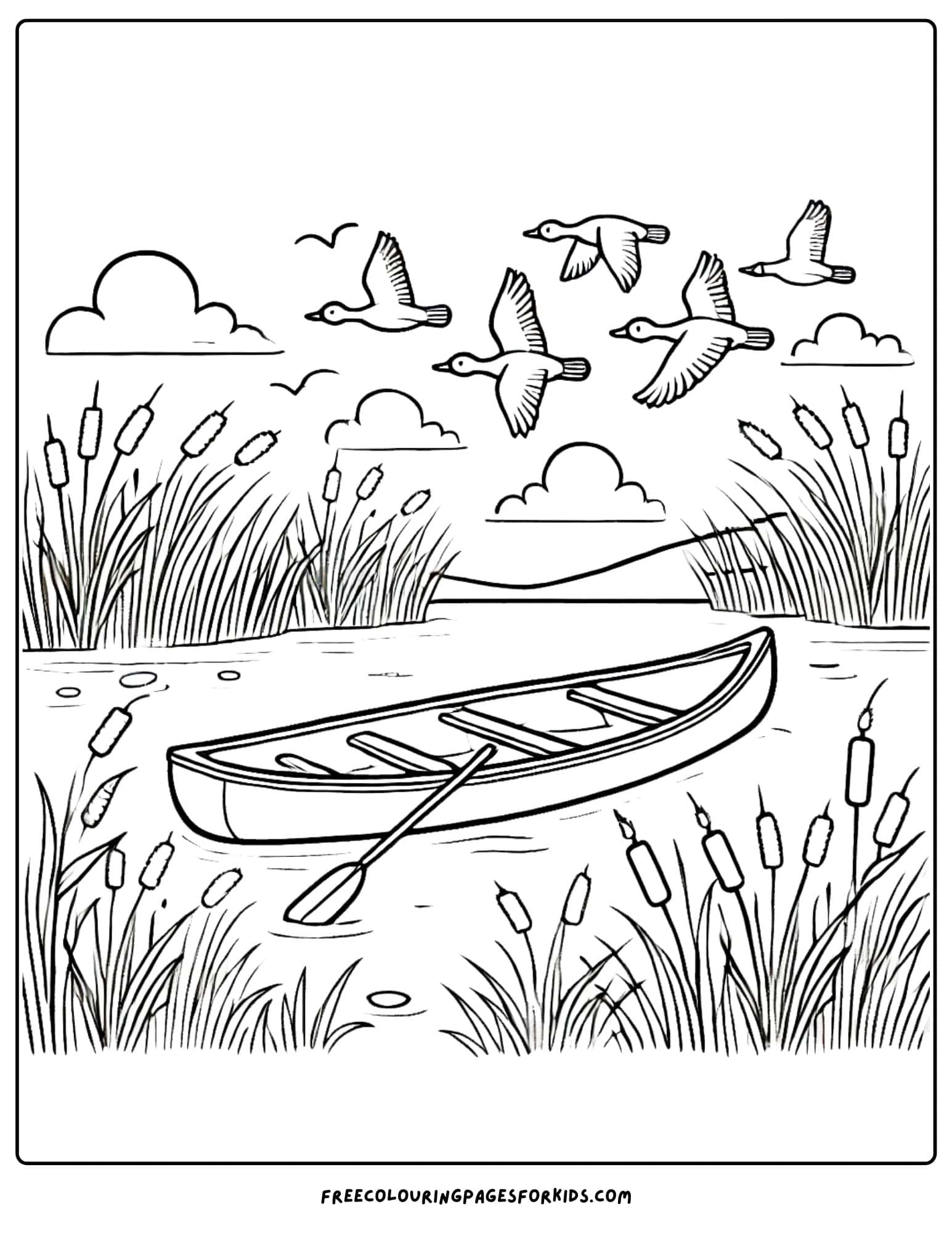 canoe on the water as birds fly overhead coloring page