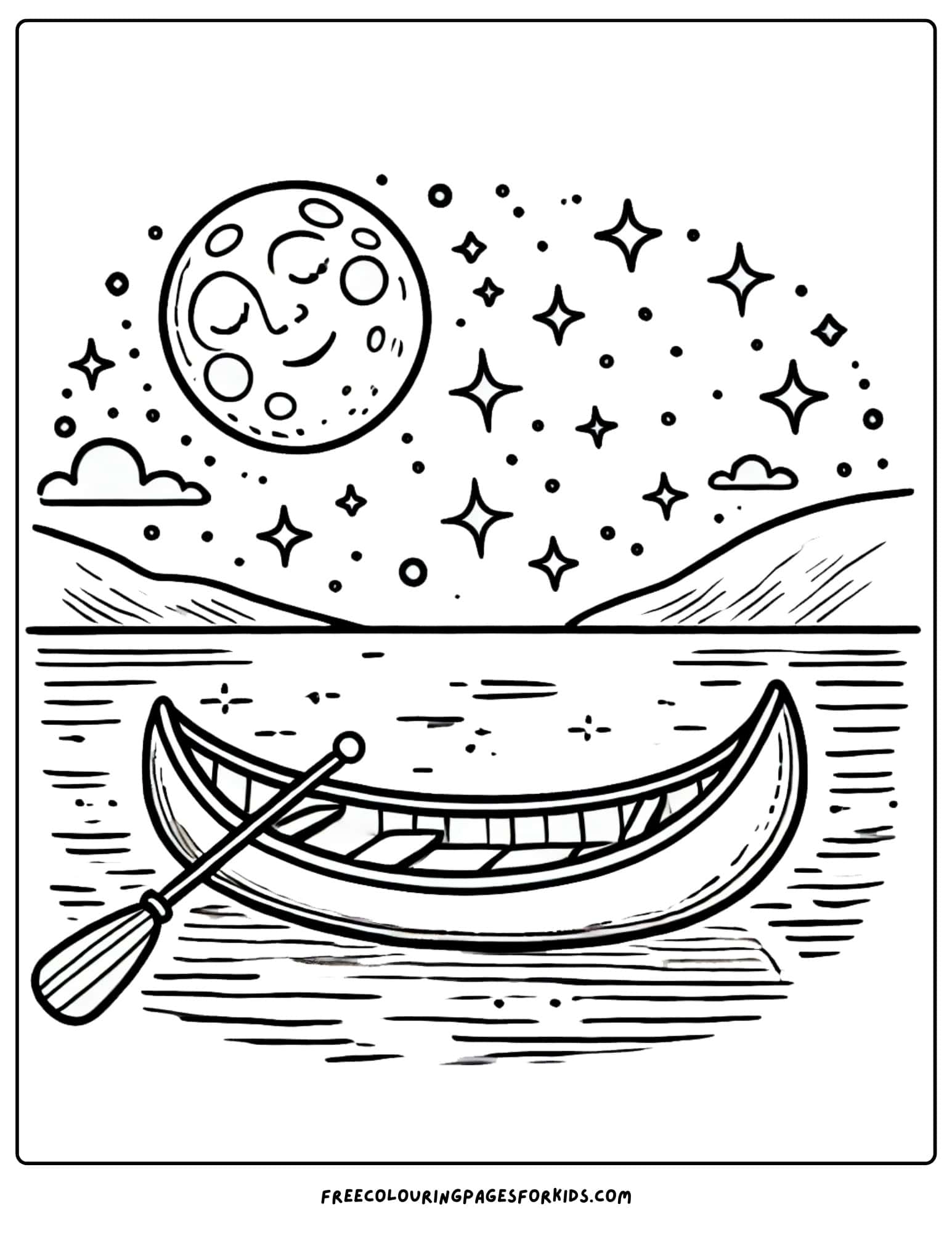 canoe on the water at night under the moon coloring page