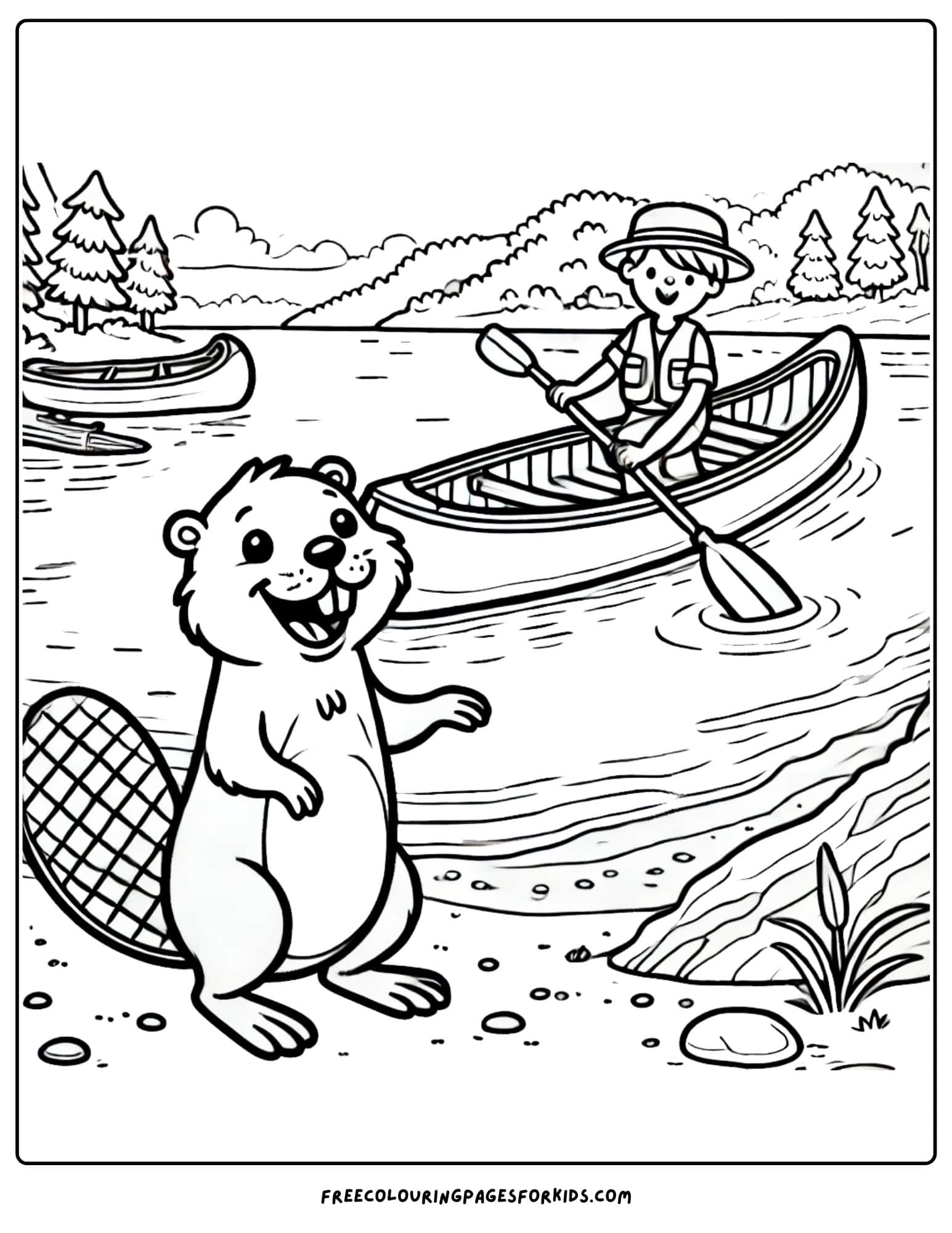 canoe floating on the water as a beaver waves coloring page