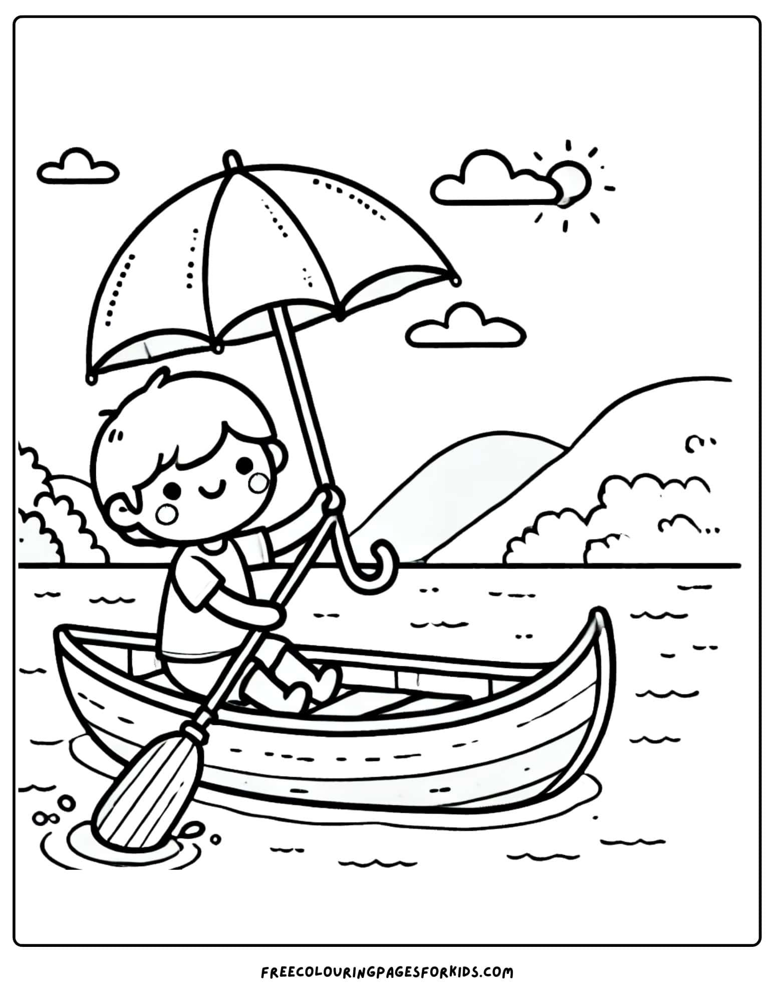 canoe being paddled by a child holding an umbrella coloring page