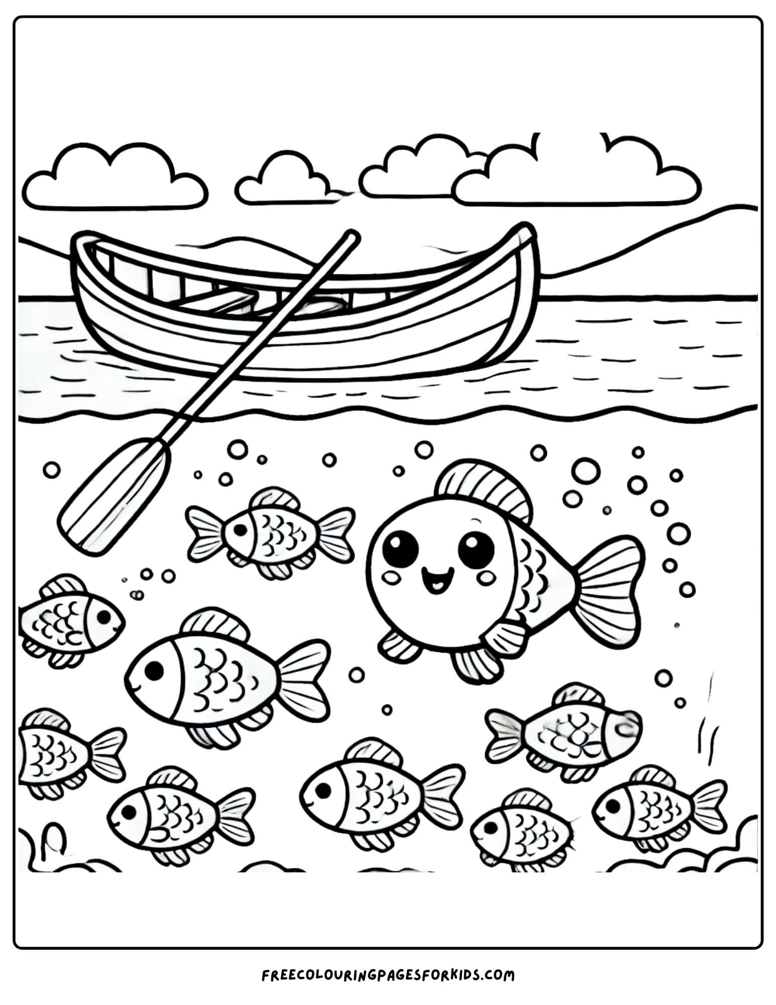 canoe on the water with fish underneath coloring page