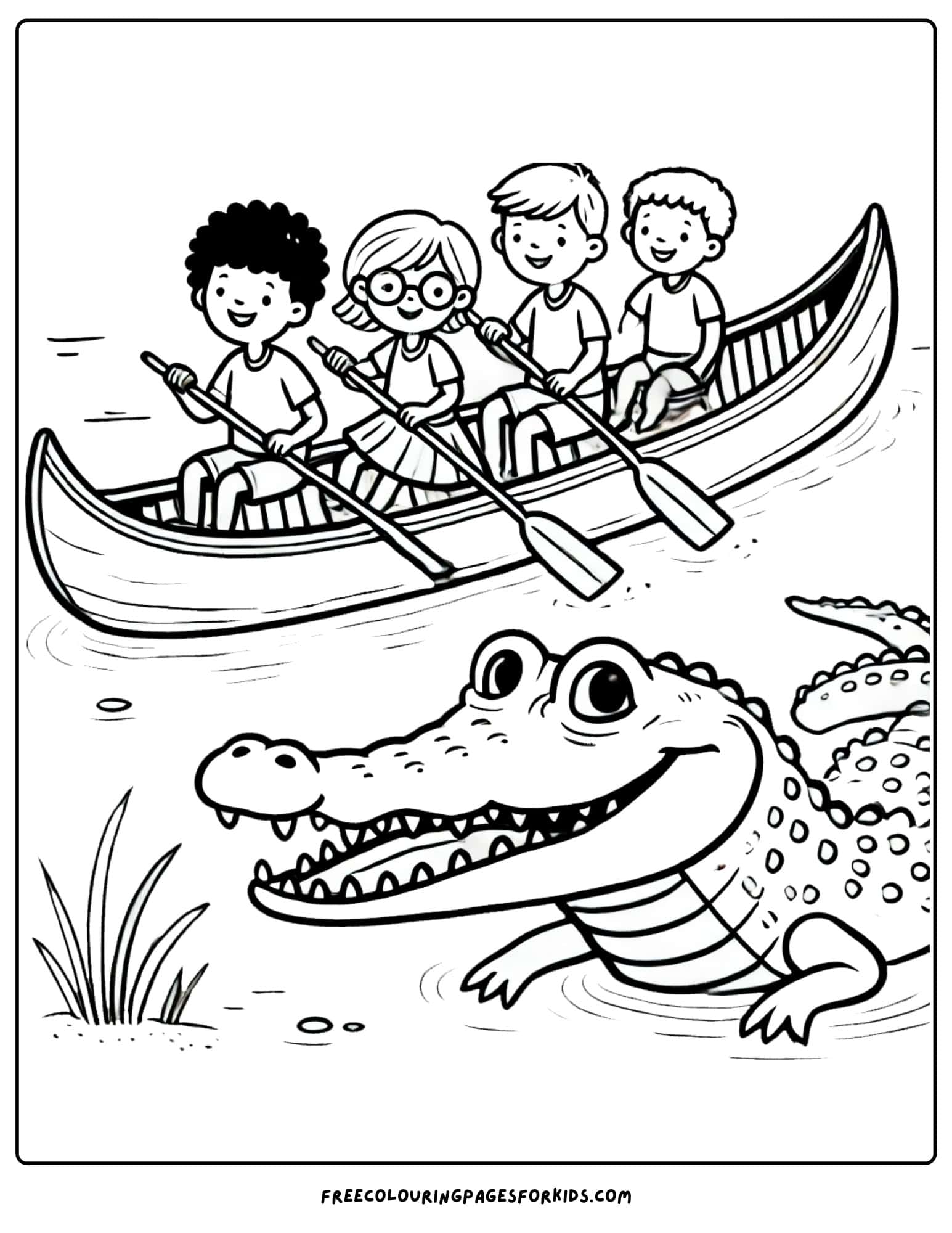 canoe with kids paddling past a crocodile coloring page