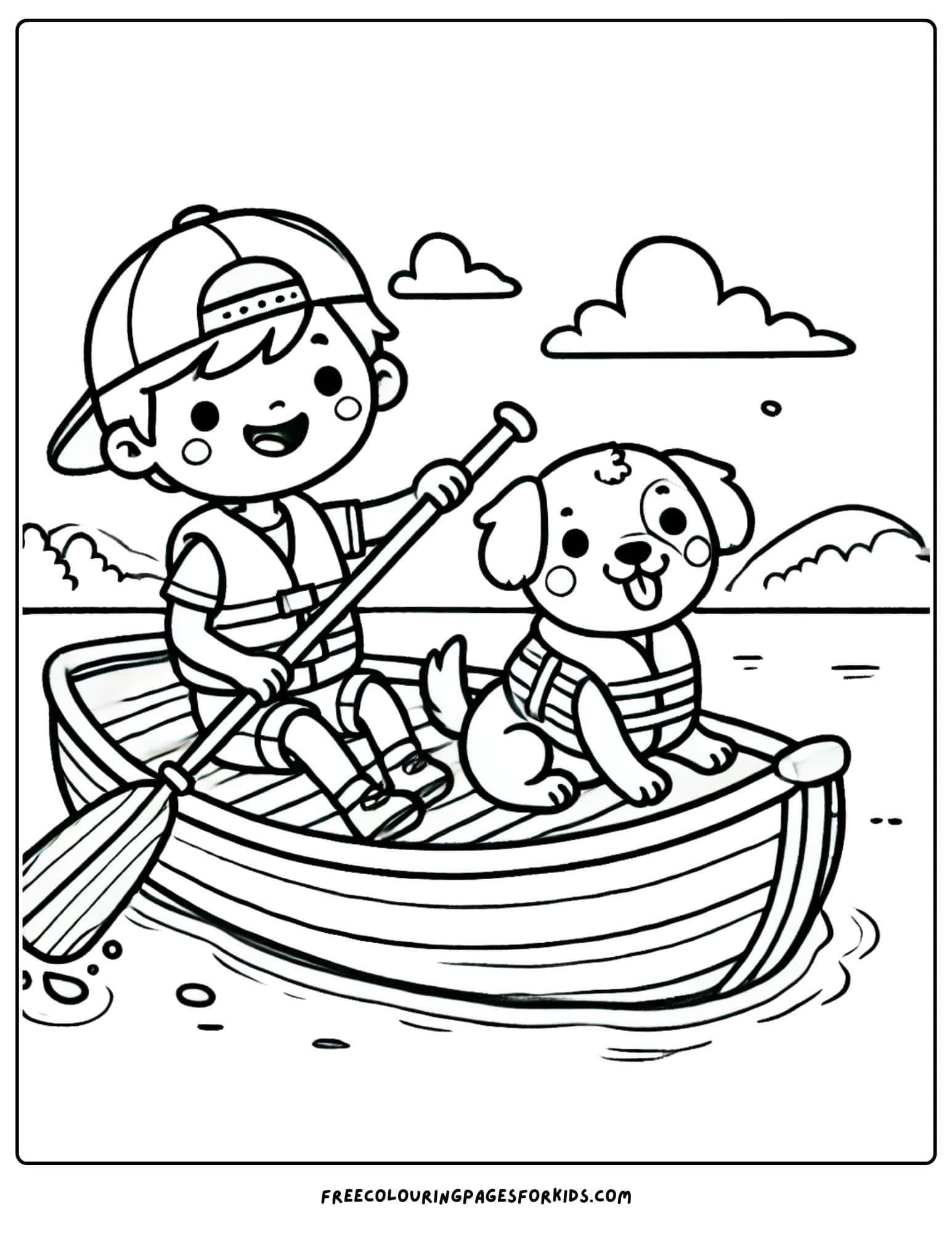 canoe with a child and his dog friend paddling coloring page