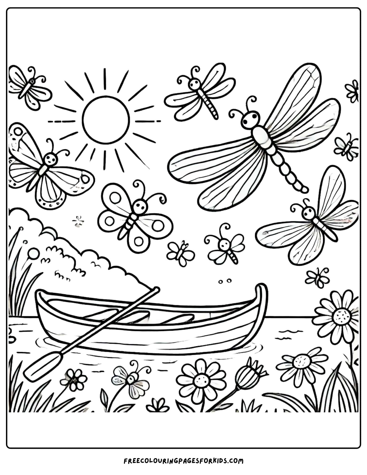 canoe with insects flying around aobve it on the lake coloring page