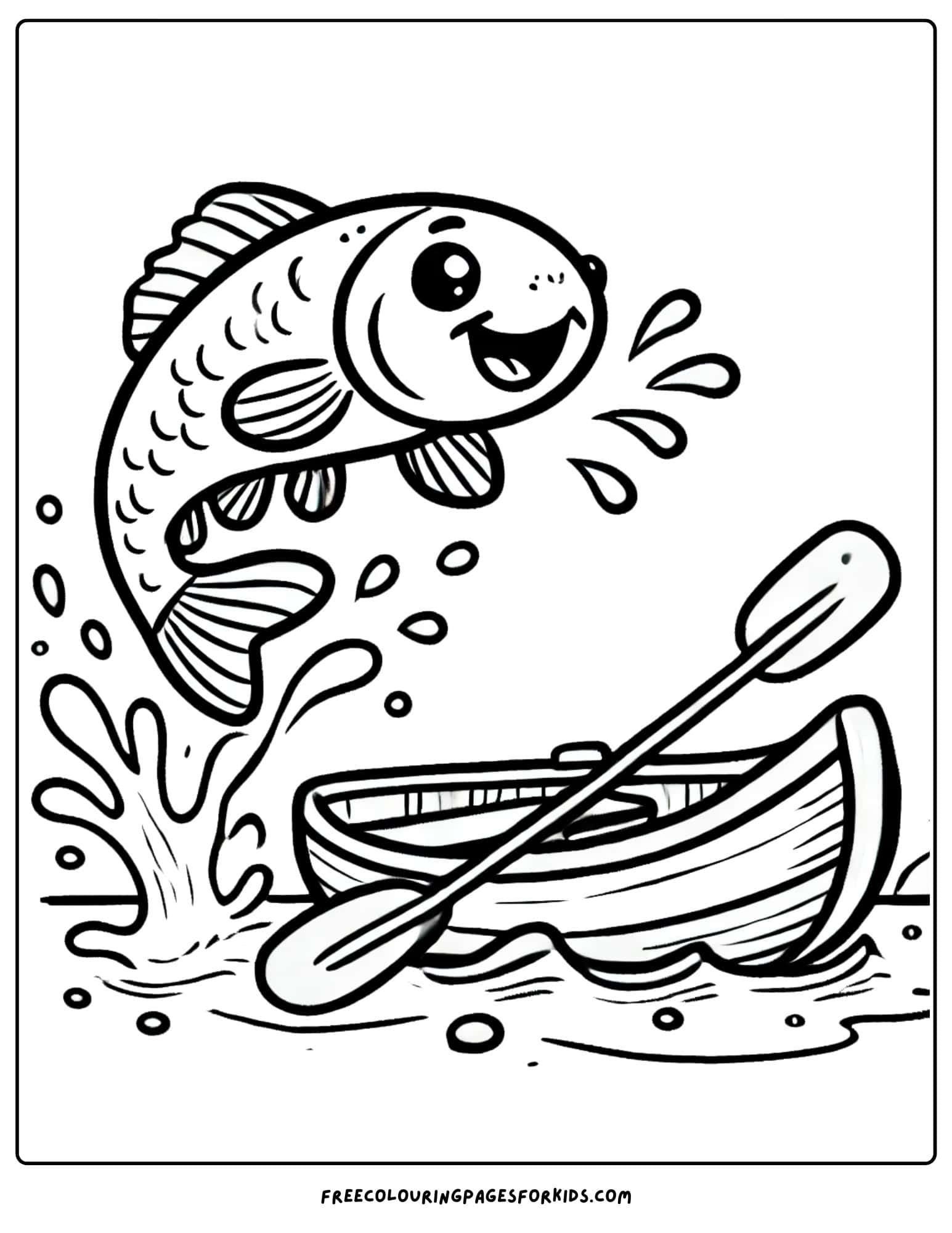 canoe with a big fish leaping beside it coloring page