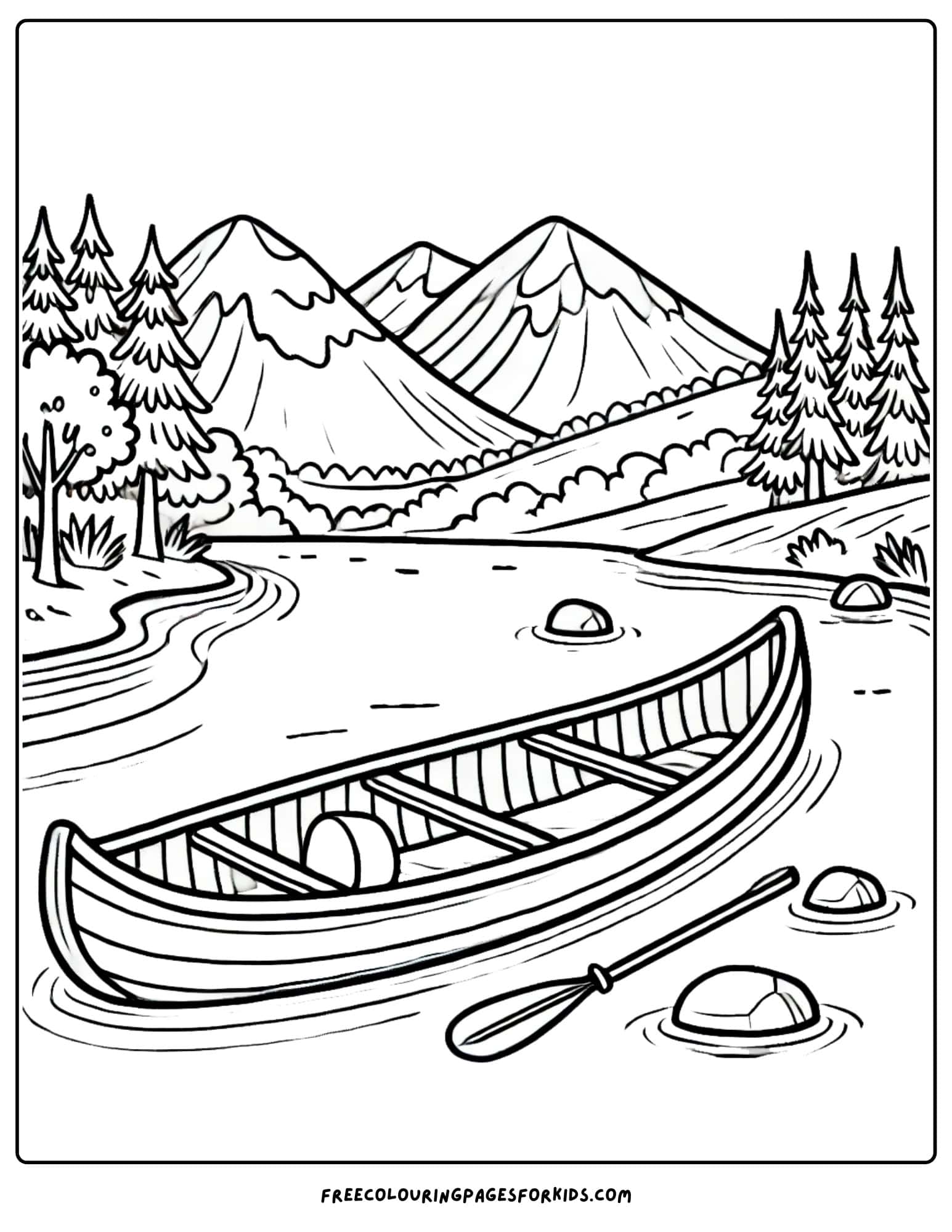 canoe on a river in the mountains coloring page