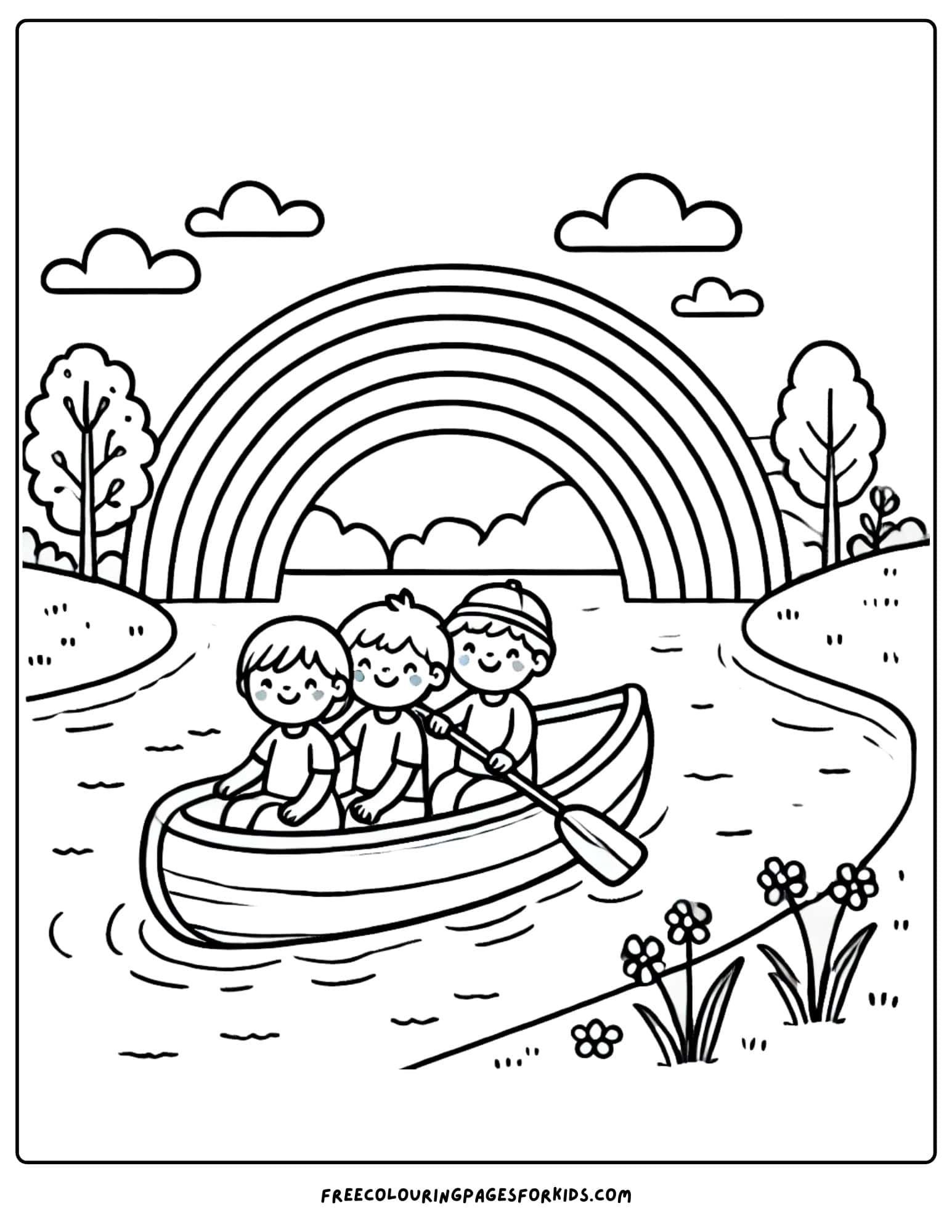 canoe being paddled by kids down a river with a rainbow behind coloring page