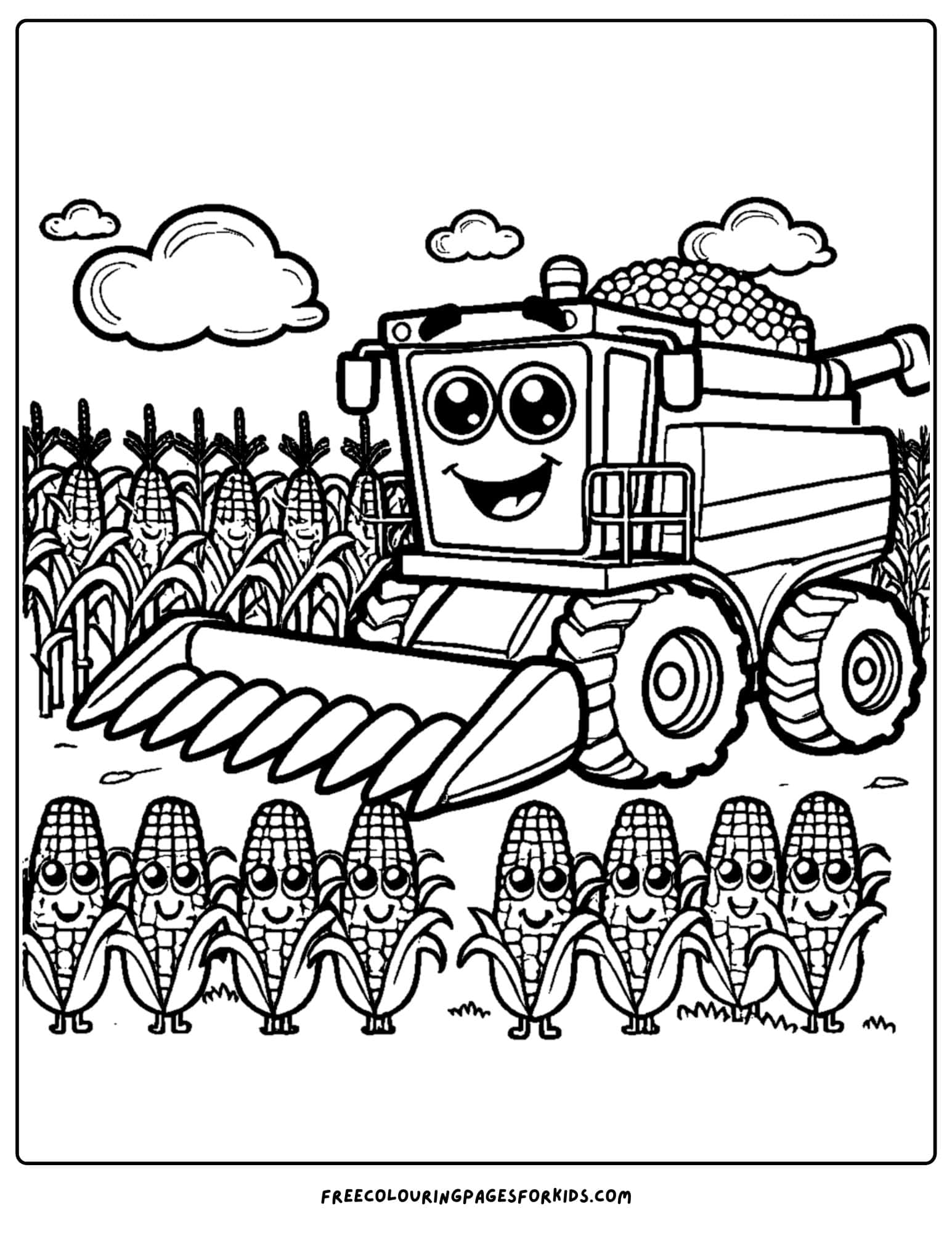 combine harvesting corn coloring page