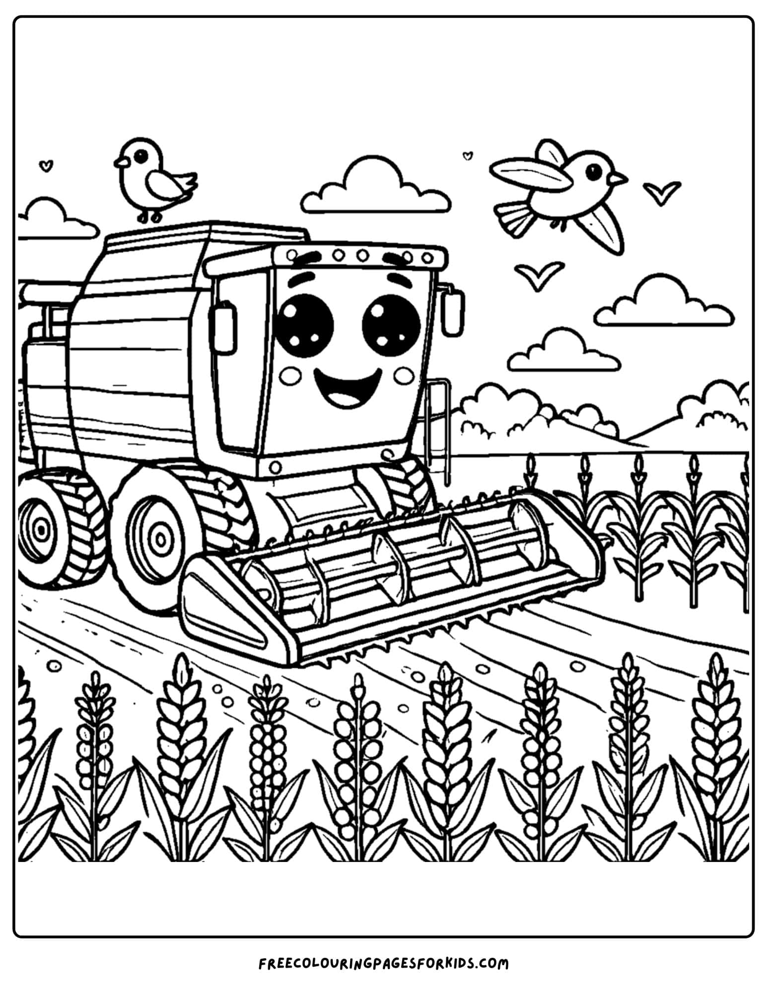 combine harvesting field as birds fly overhead coloring page