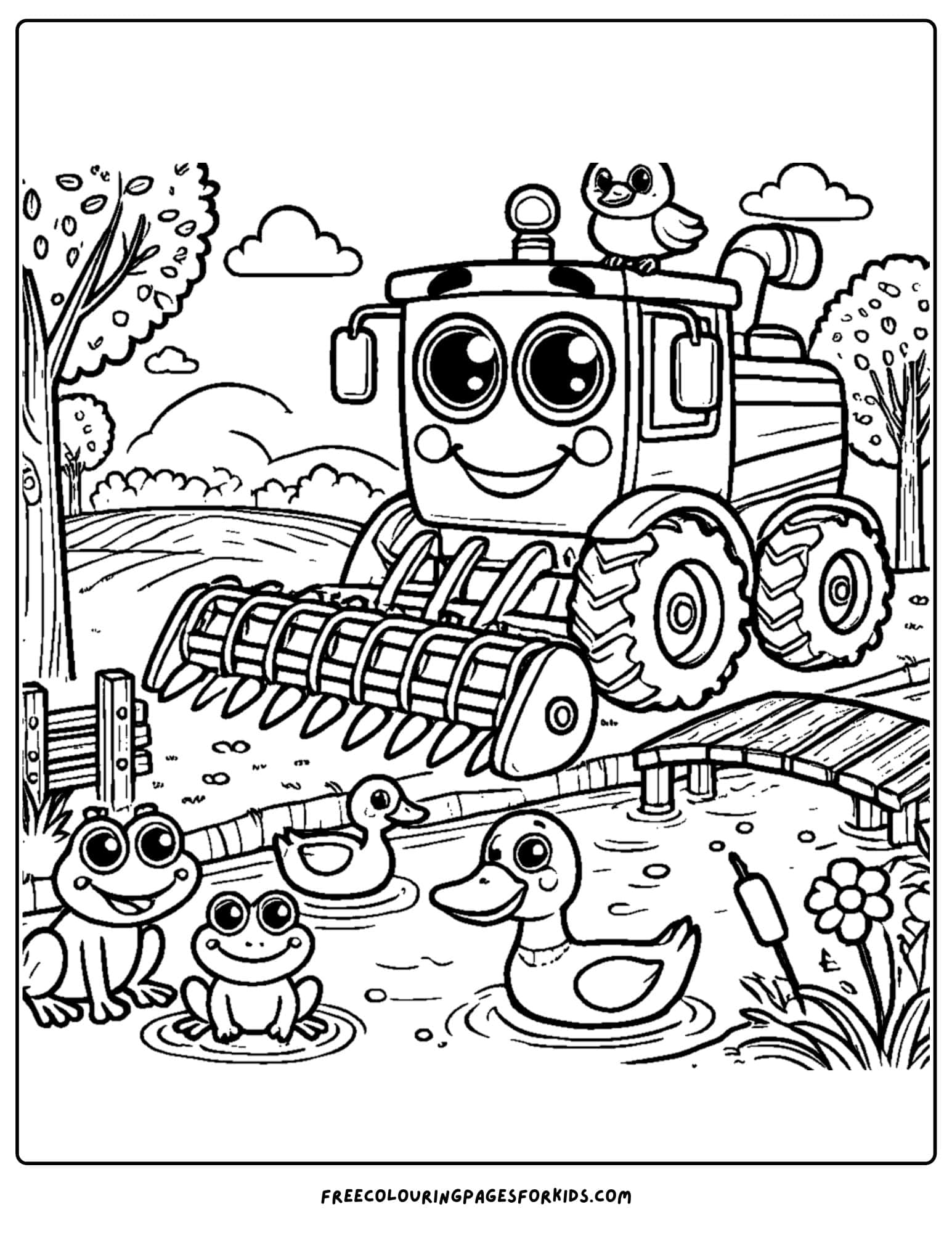 combine next to a stream coloring page