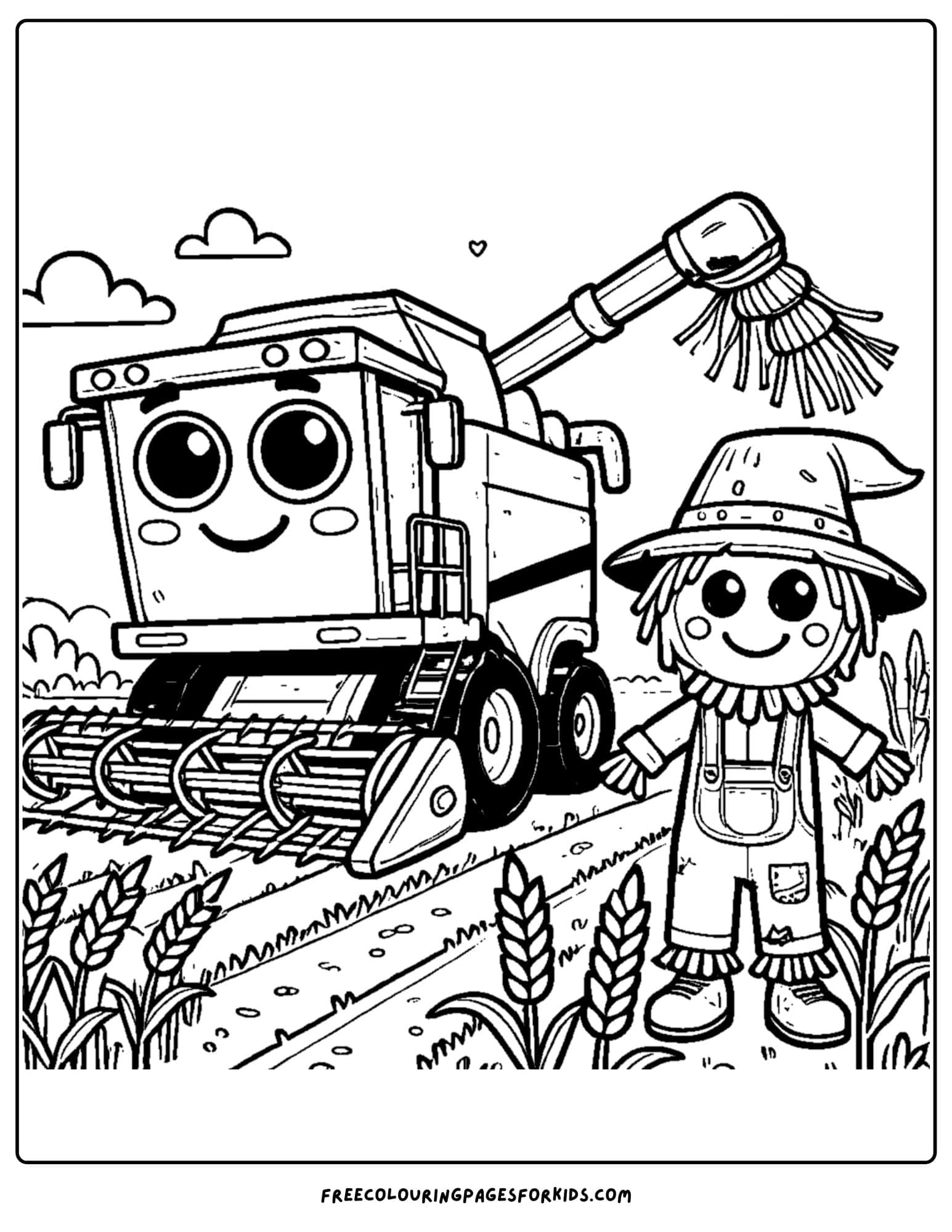 combine and a scarecrow in the field coloring page